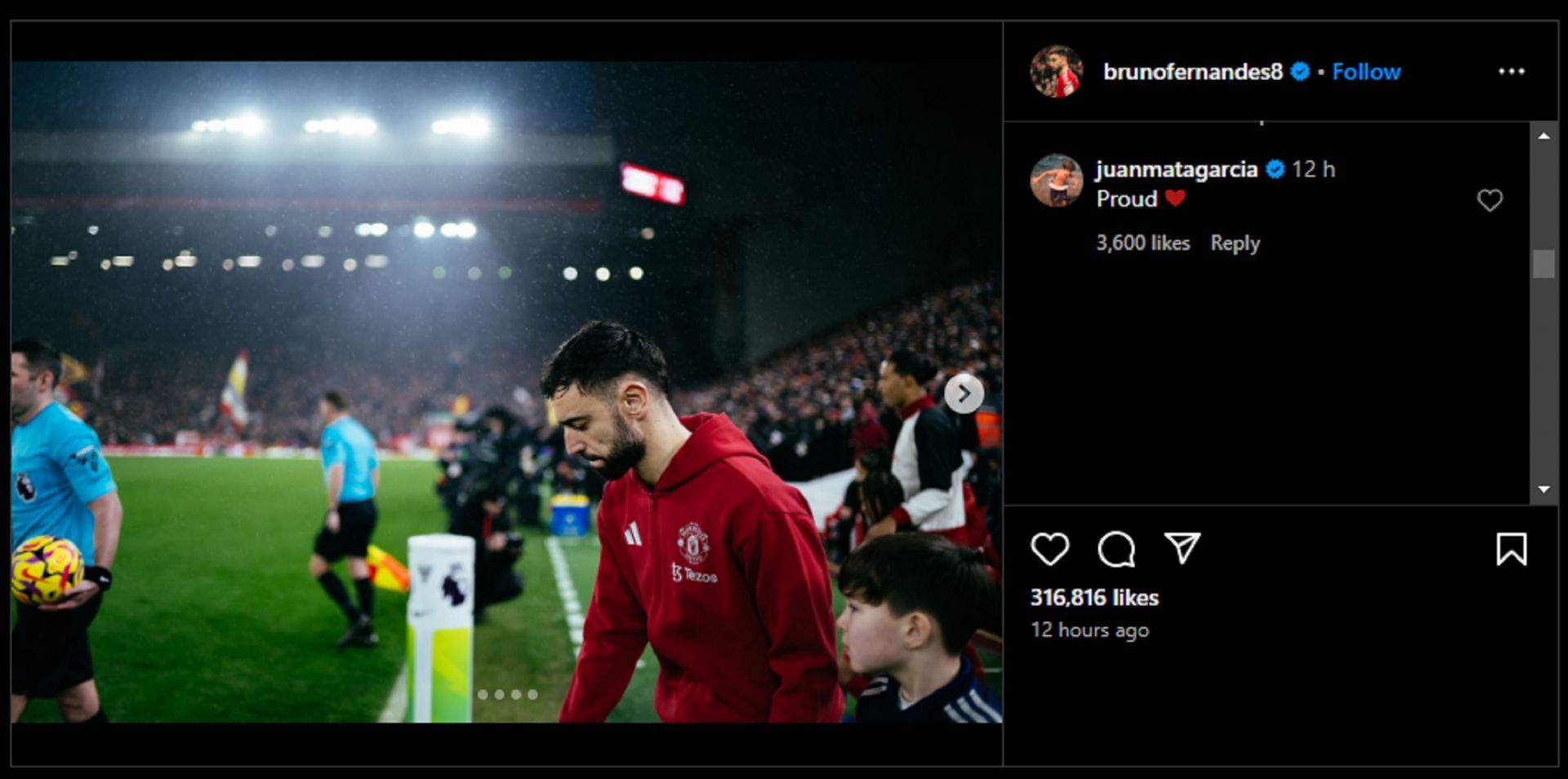 Juan Mata responds to Bruno Fernandes&#039; Instagram (Source: Instagram/@brunofernandes8)