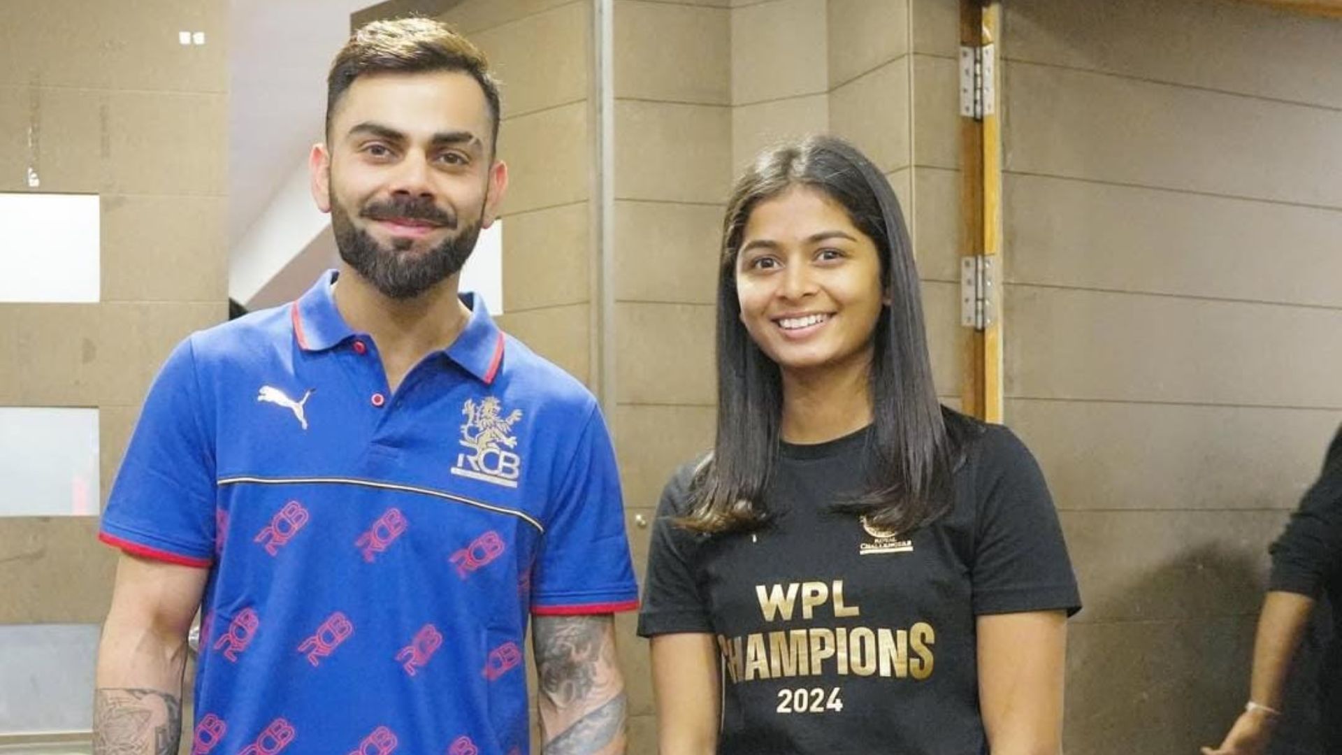 Virat Kohli and Shreyanka Patil play for RCB in the IPL and WPL respectively (Image Credits: Shreyanka Patil/IG)