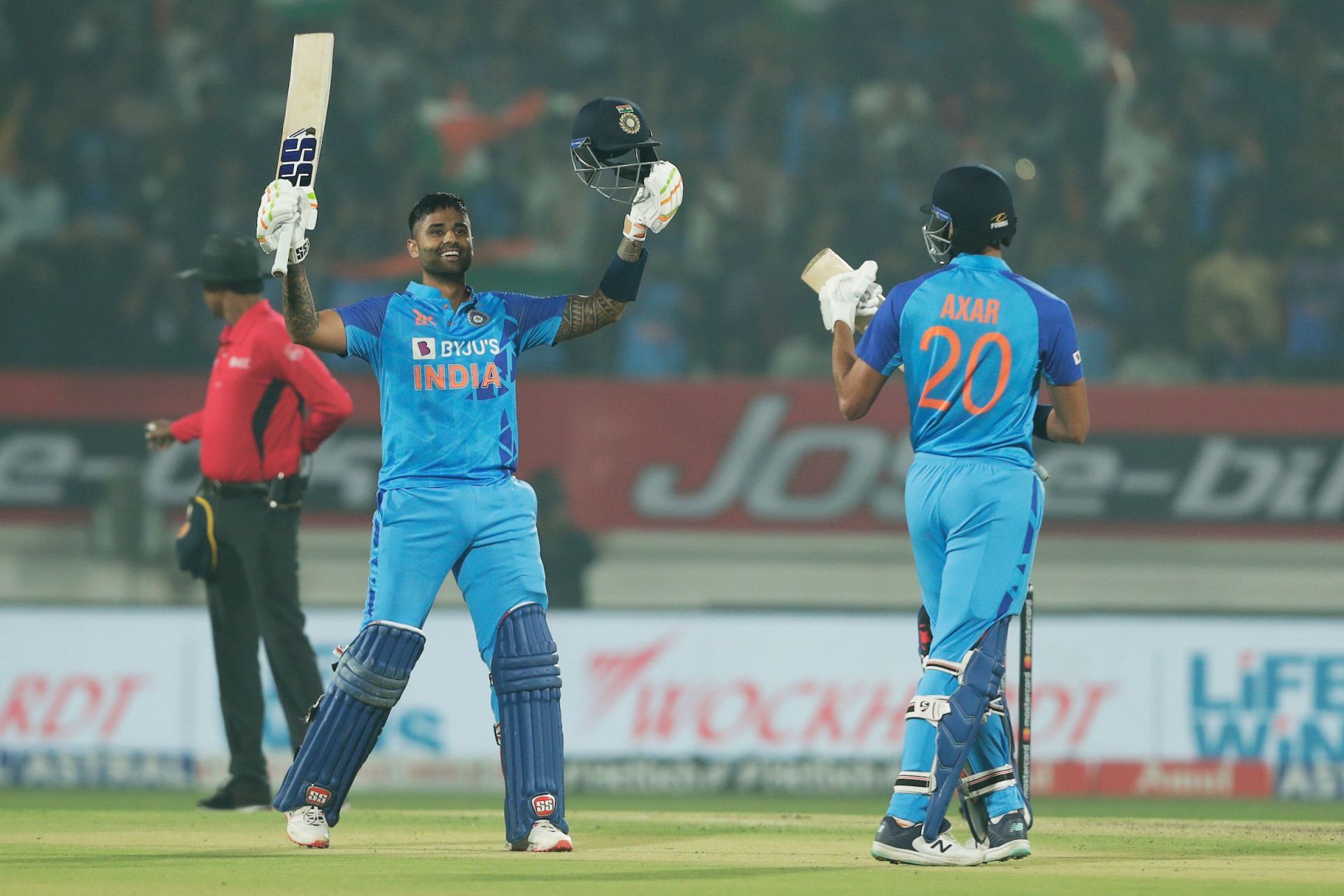 Suryakumar Yadav celebrates his century againsr Sri Lanka at Rajkot (Source: @ICC on X)