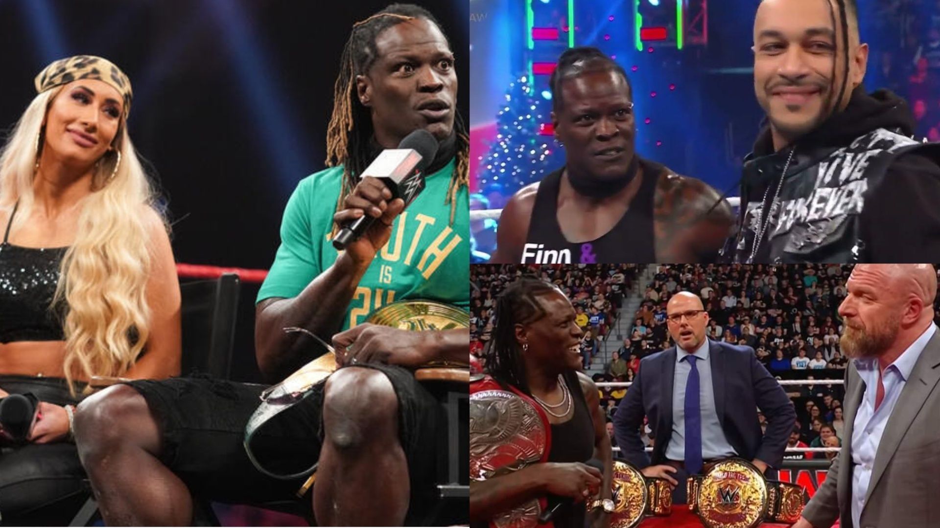 R-Truth, Carmella, Damian Priest, Triple H, and Adam Pearce [Image credits: wwe.com/YouTube (WWE)] 