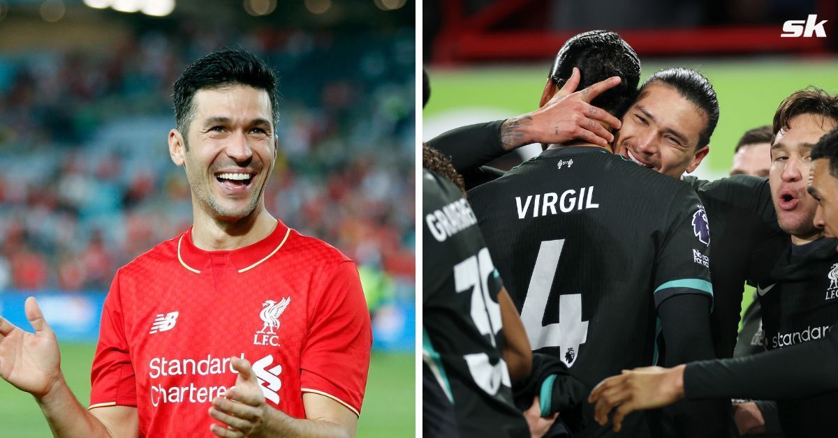 Luis Garcia (left) and the Liverpool side celebrating after goal against Brentford (right) (both images via Getty)