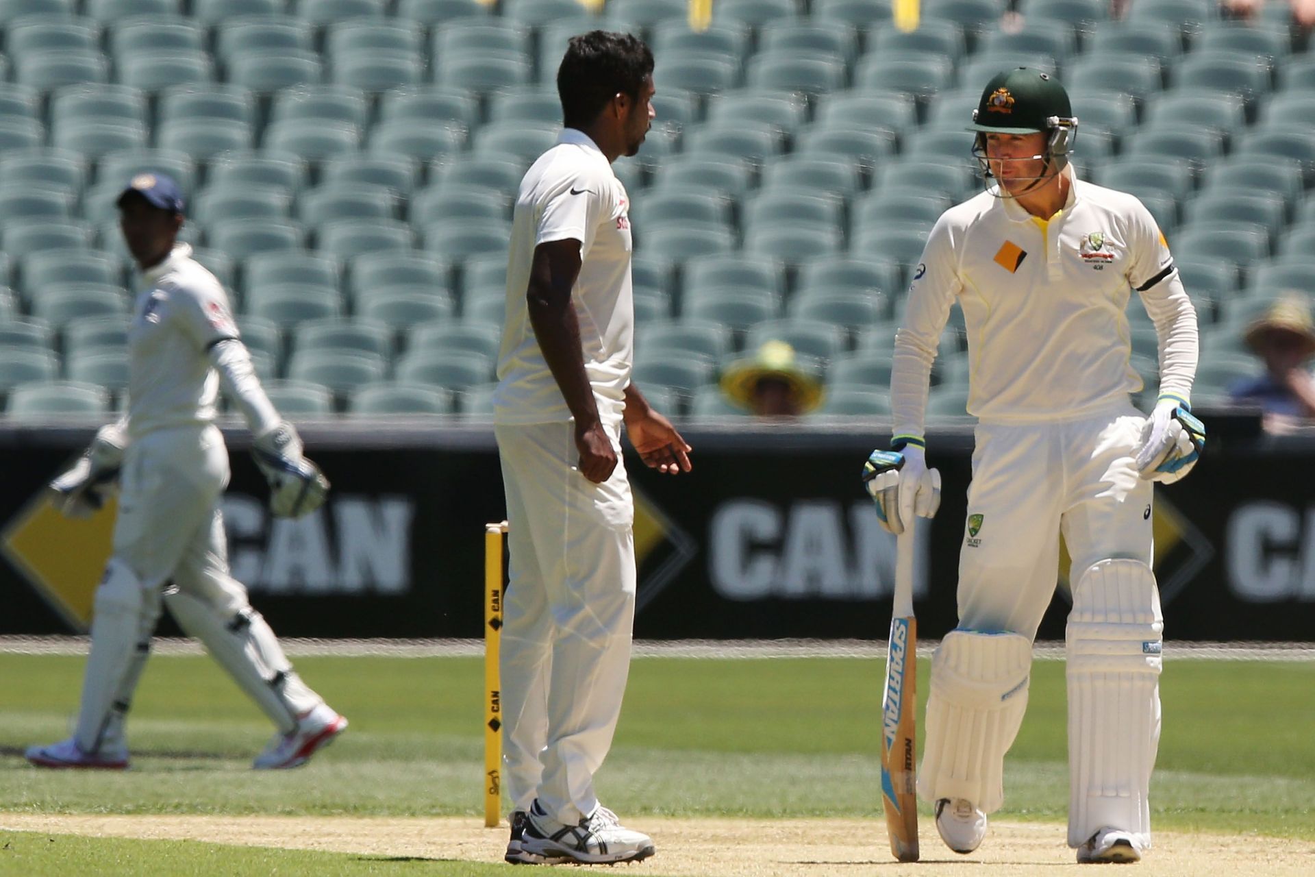 Varun Aaron stares down Michael Clarke after a sharp bouncer - Source: Getty