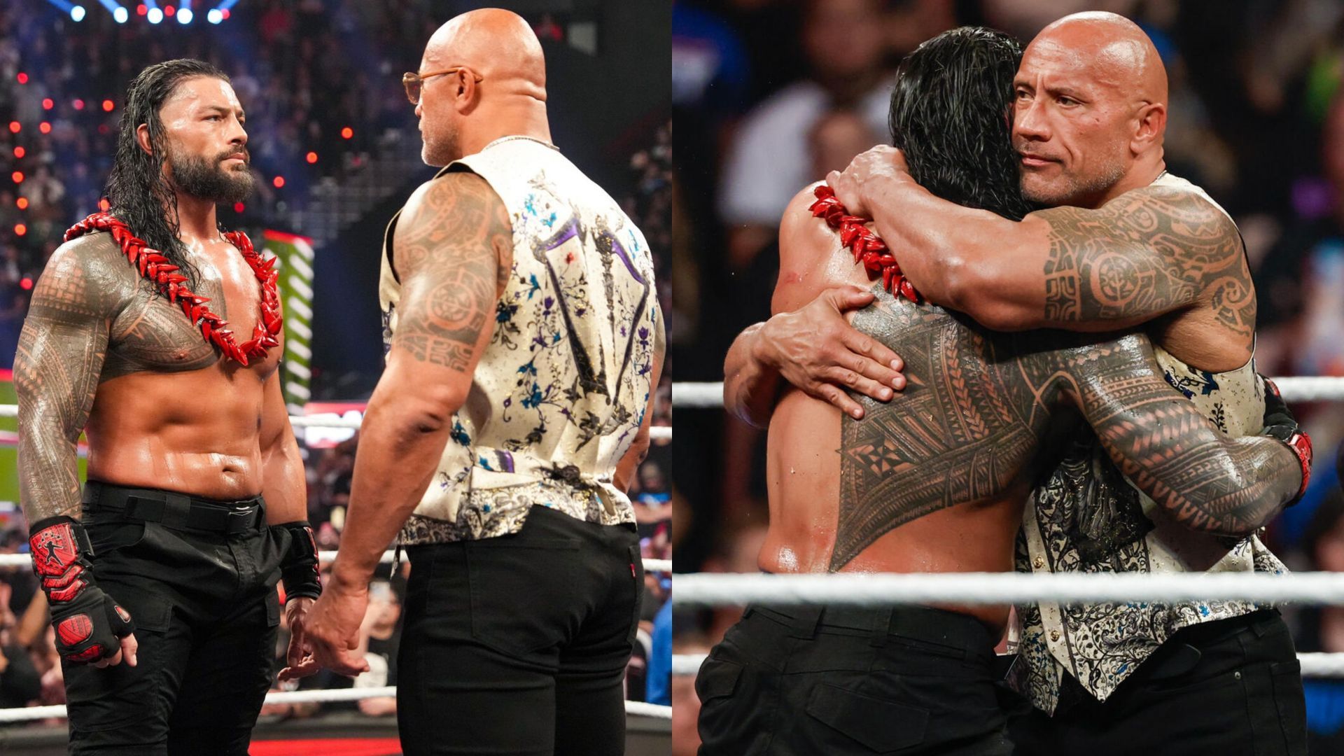 The Rock hugged Roman Reigns on RAW (Images credit: WWE.com)