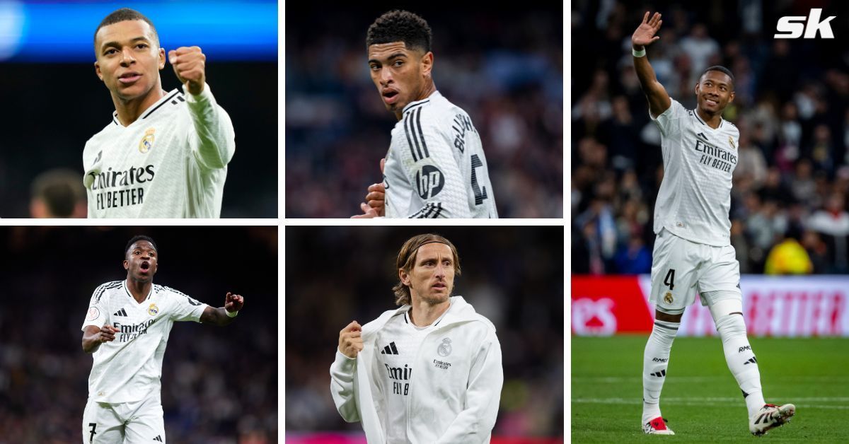 Kylian Mbappe, Jude Bellingham, Luka Modric, Vinicius Jr., and David Alaba (all images via Getty)