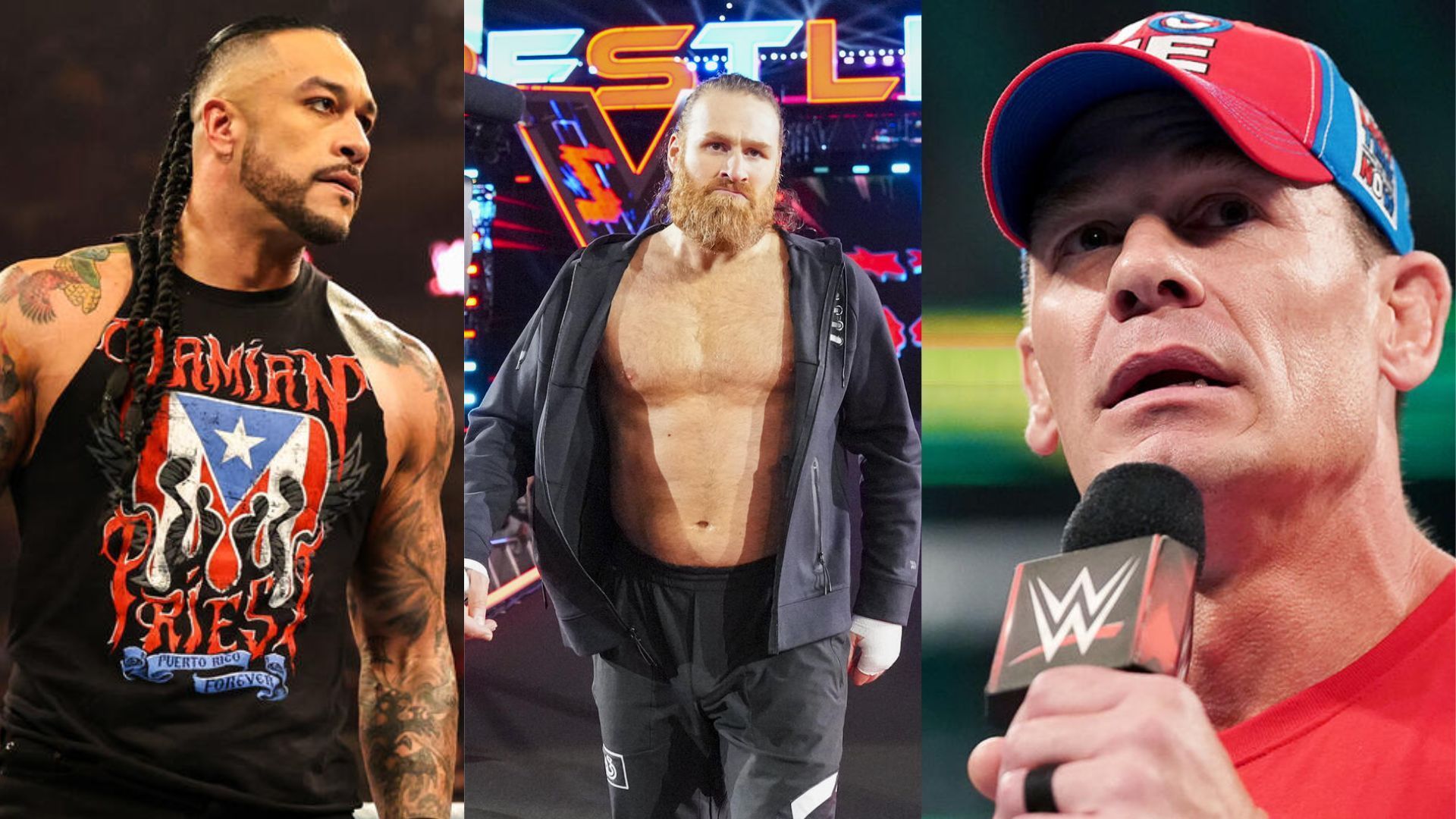 Damian Priest on the left, Sami Zayn in the center, and John Cena on the right (Image Credits: WWE.com)