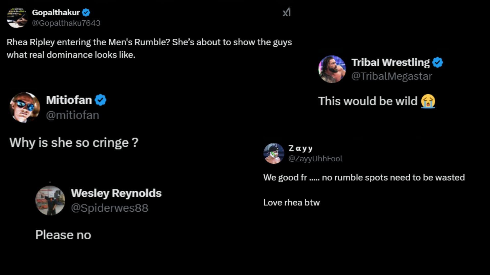 Screenshots of some more fan reactions [Image credit: Fan responses on WrestleOps&#039; X/Twitter handle]