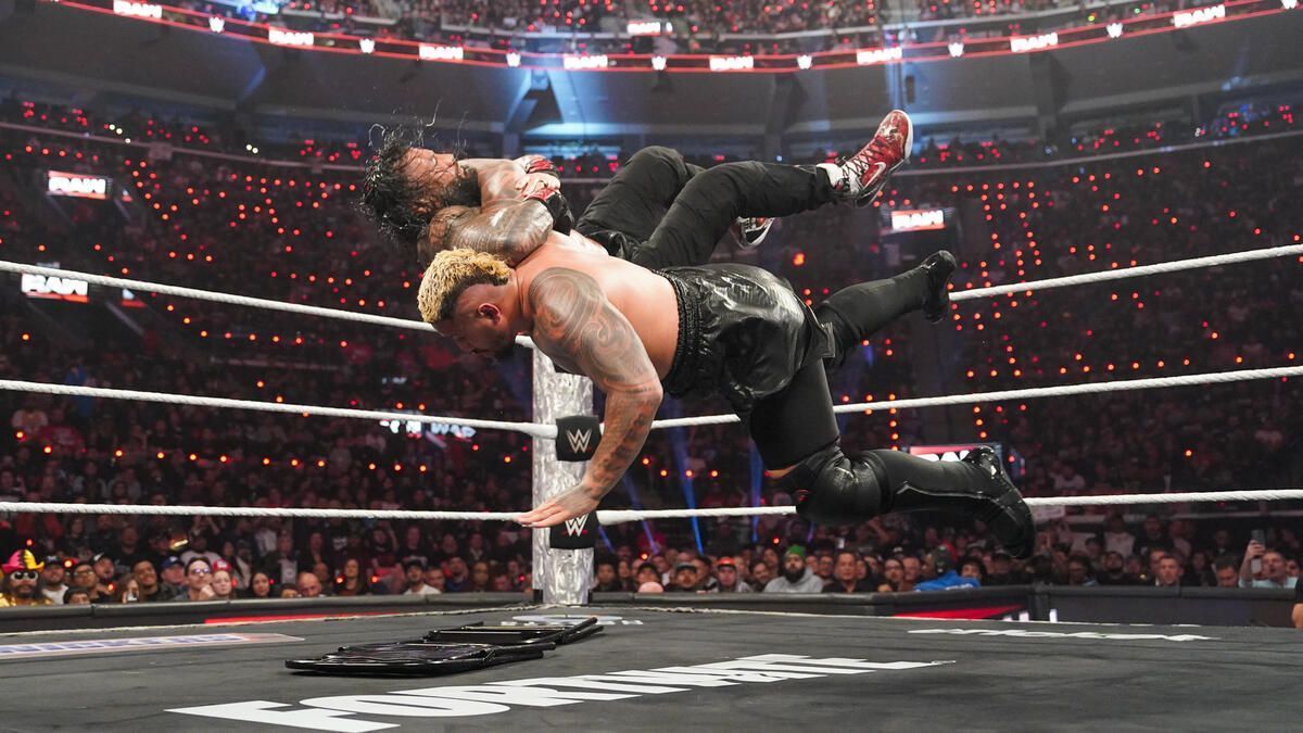 Roman Reigns and Solo Sikoa during the Tribal Combat on RAW (Photo credit: WWE.com)