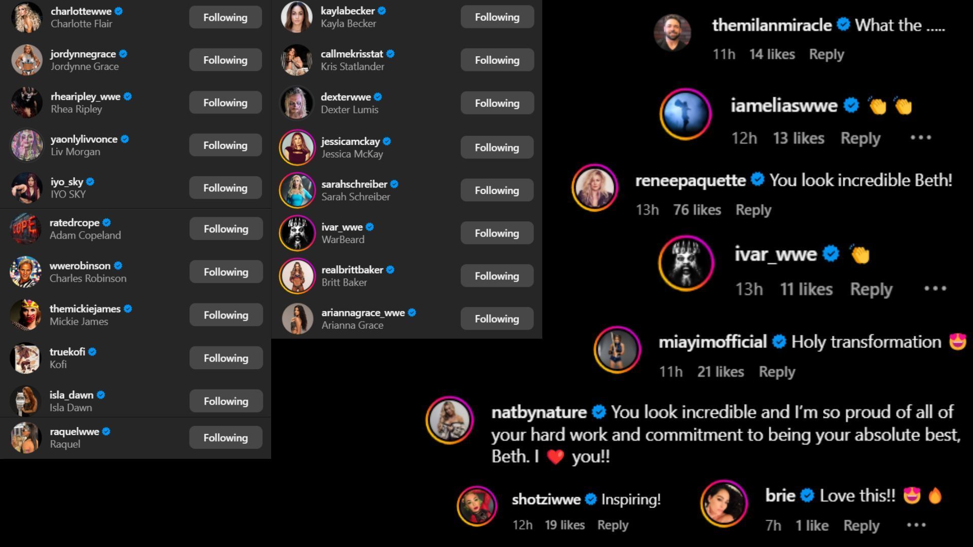 Screenshot of stars&#039; likes and comments [Image credits: Beth Phoenix&#039;s Instagram handle]