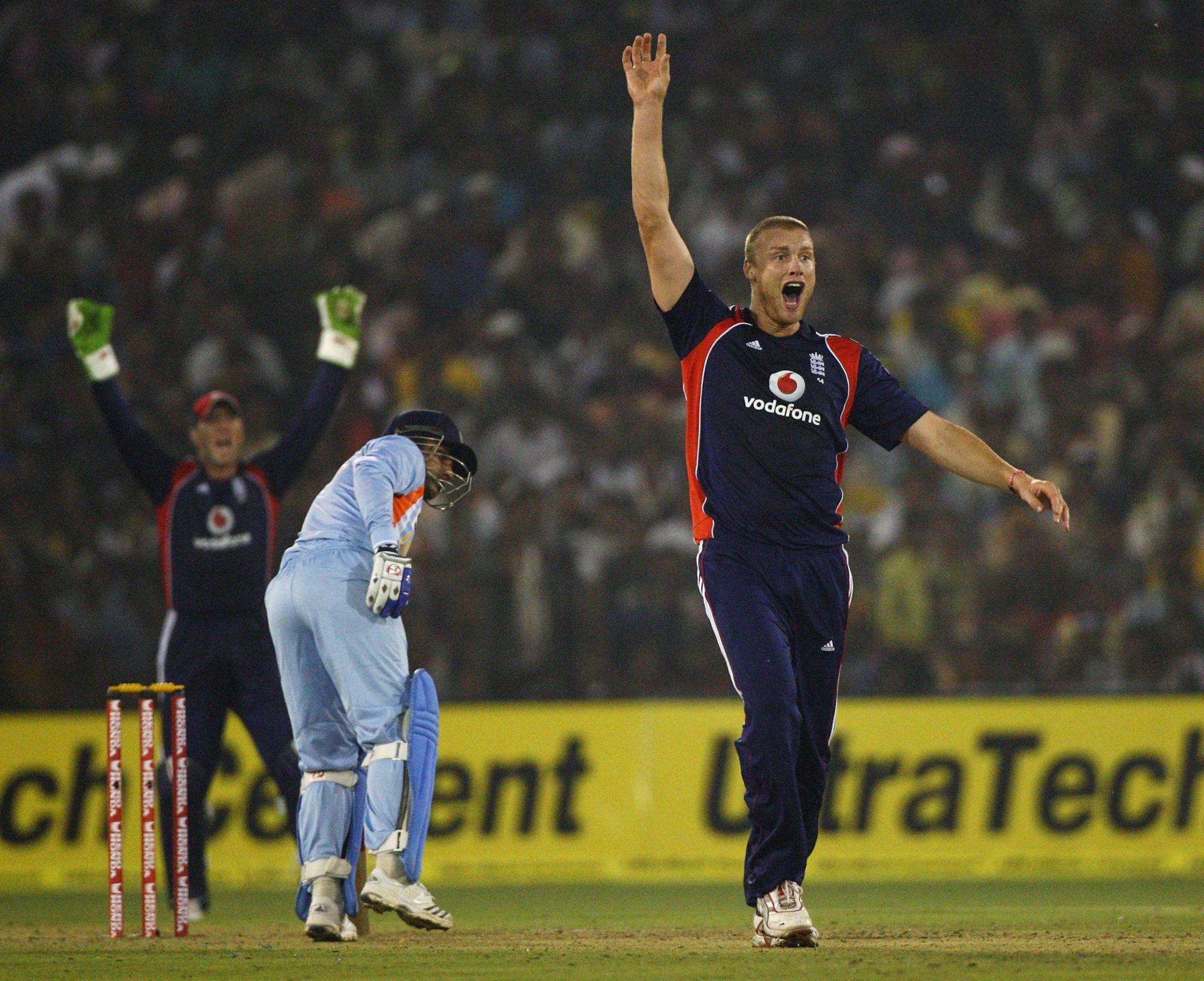 Andrew Flintoff celebrates picking a wicket against India in an ODI match. Source: Getty