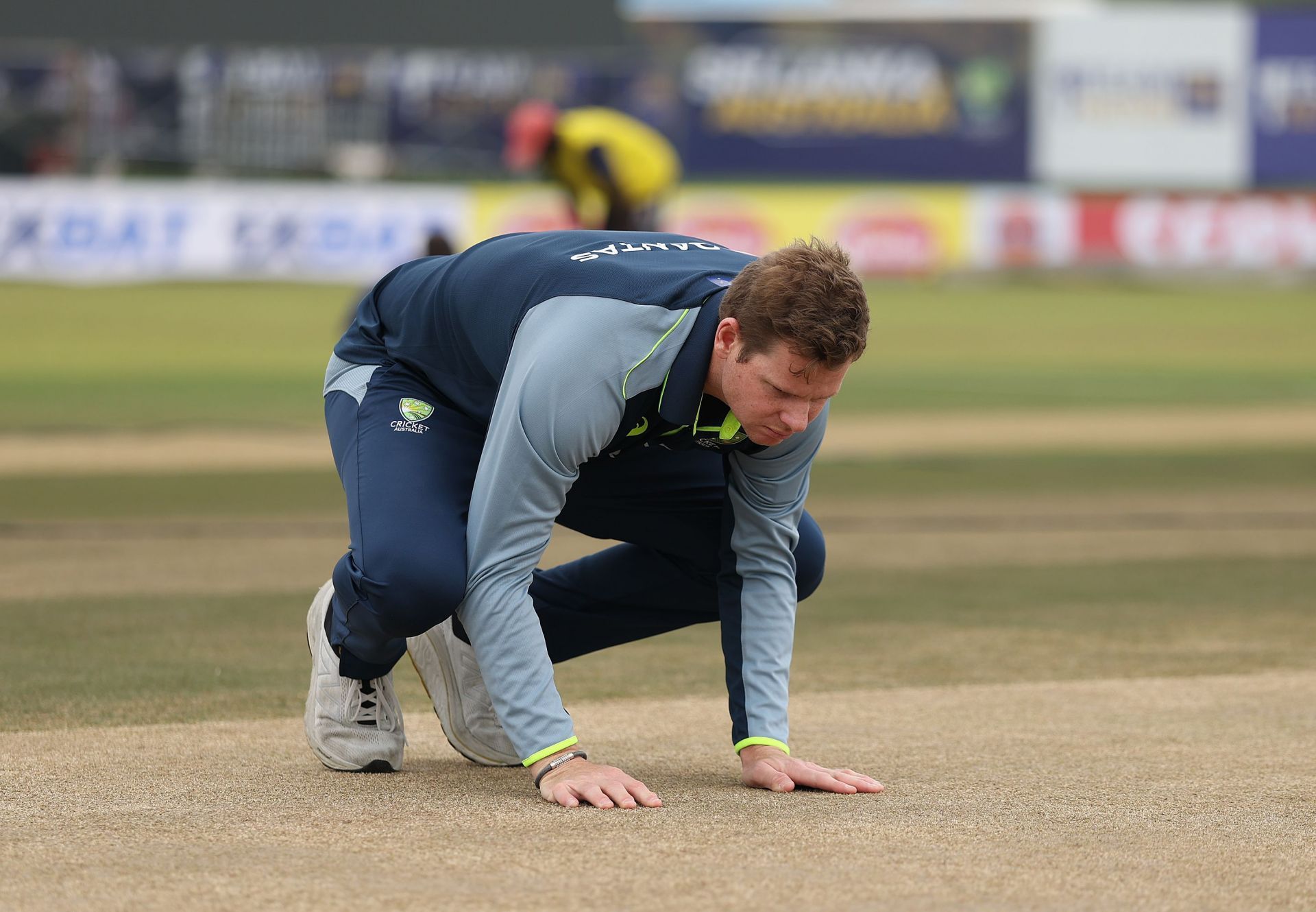 Smith examines the Galle wicket ahead of the first Test against Sri Lanka [Credit: Getty]