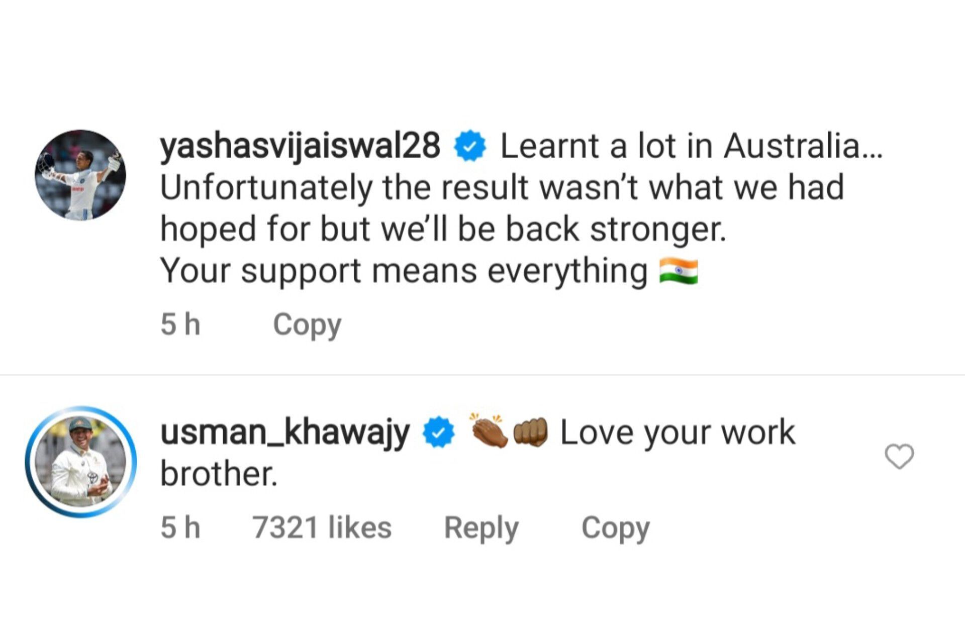 Usman Khawaja reacts to Yashasvi Jaiswal&#039;s post on BGT 2024-25 (Image via Instagram-@yashasvijaiswal28)