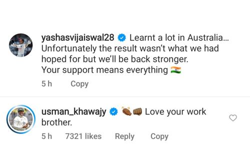 Usman Khawaja reacts to Yashasvi Jaiswal's post on BGT 2024-25 (Image via Instagram-@yashasvijaiswal28)