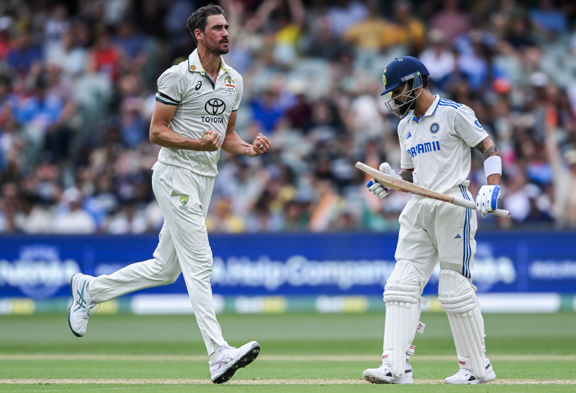 Mitchell Starc celebrates taking the wicket of Virat Kohli in Adelaide. Source: Getty