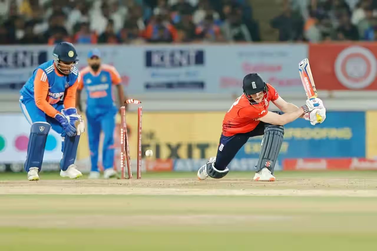 Harry Brook played a Ravi Bishnoi delivery onto his stumps in the third T20I in Rajkot. [P/C: BCCI]