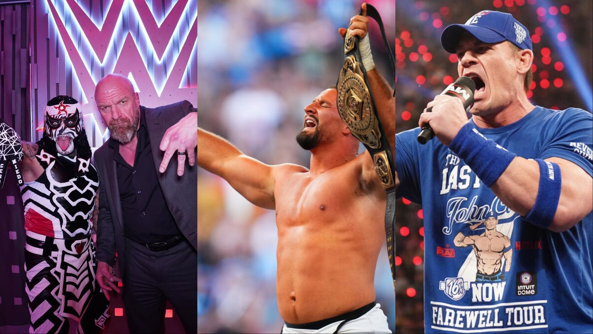 Penta and Triple H (L), Bron Breakker (C), John Cena (L) [Images via WWE.com &amp; Penta