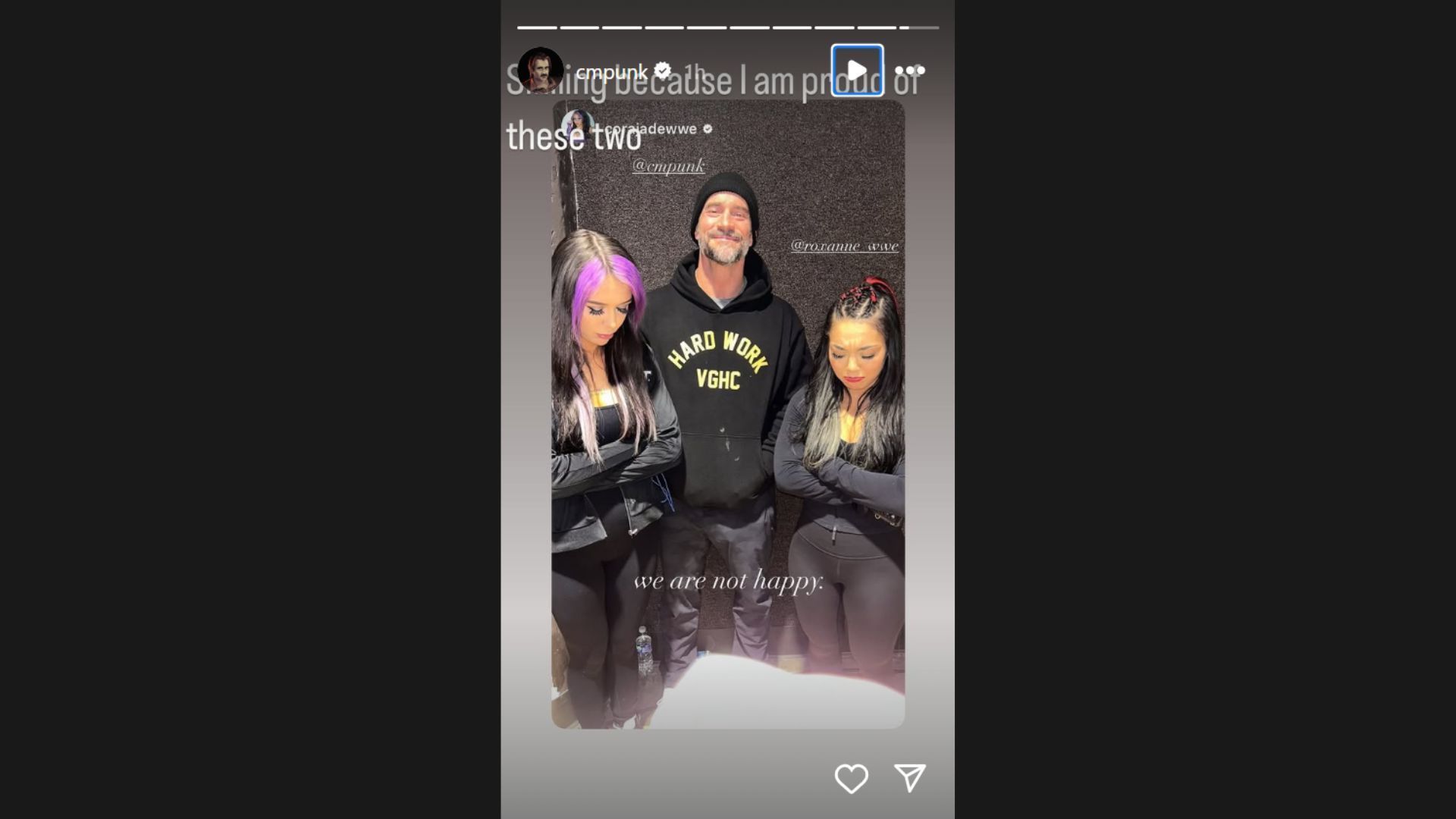 CM Punk justifies his smile in a recent picture with Roxanne Perez and Cora Jade (Image Credit: Punk&#039;s Instagram story)