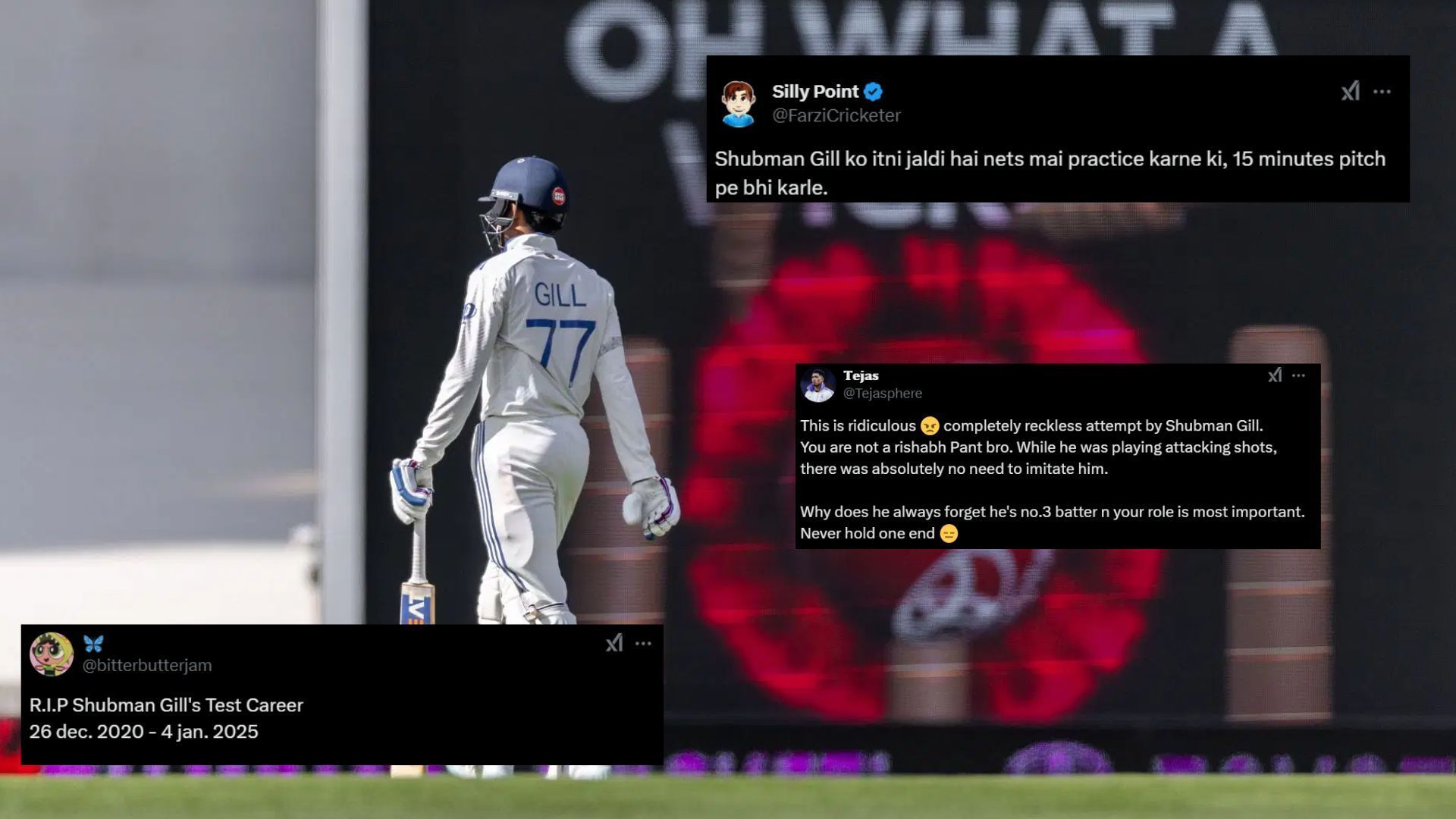 Shubman Gill failed to score big in the 2nd innings of the BGT 2024-25 Test (Image Credits: Getty/@FarziCricketer,@Tejasphere,@bitterbutterjam)