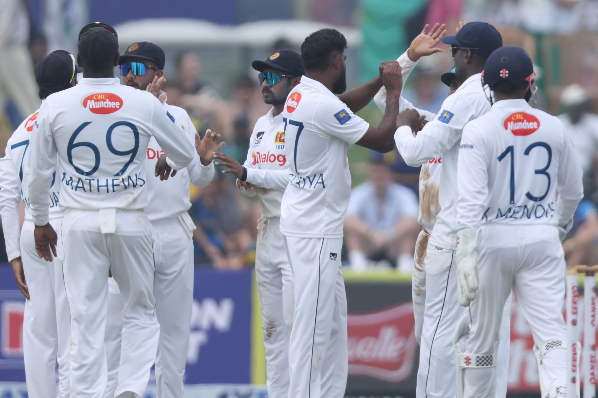 Prabath Jayasuriya celebrates his third wicket. (Credits: Getty)