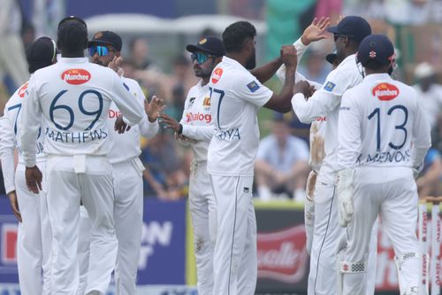 Prabath Jayasuriya celebrates his third wicket. (Credits: Getty)