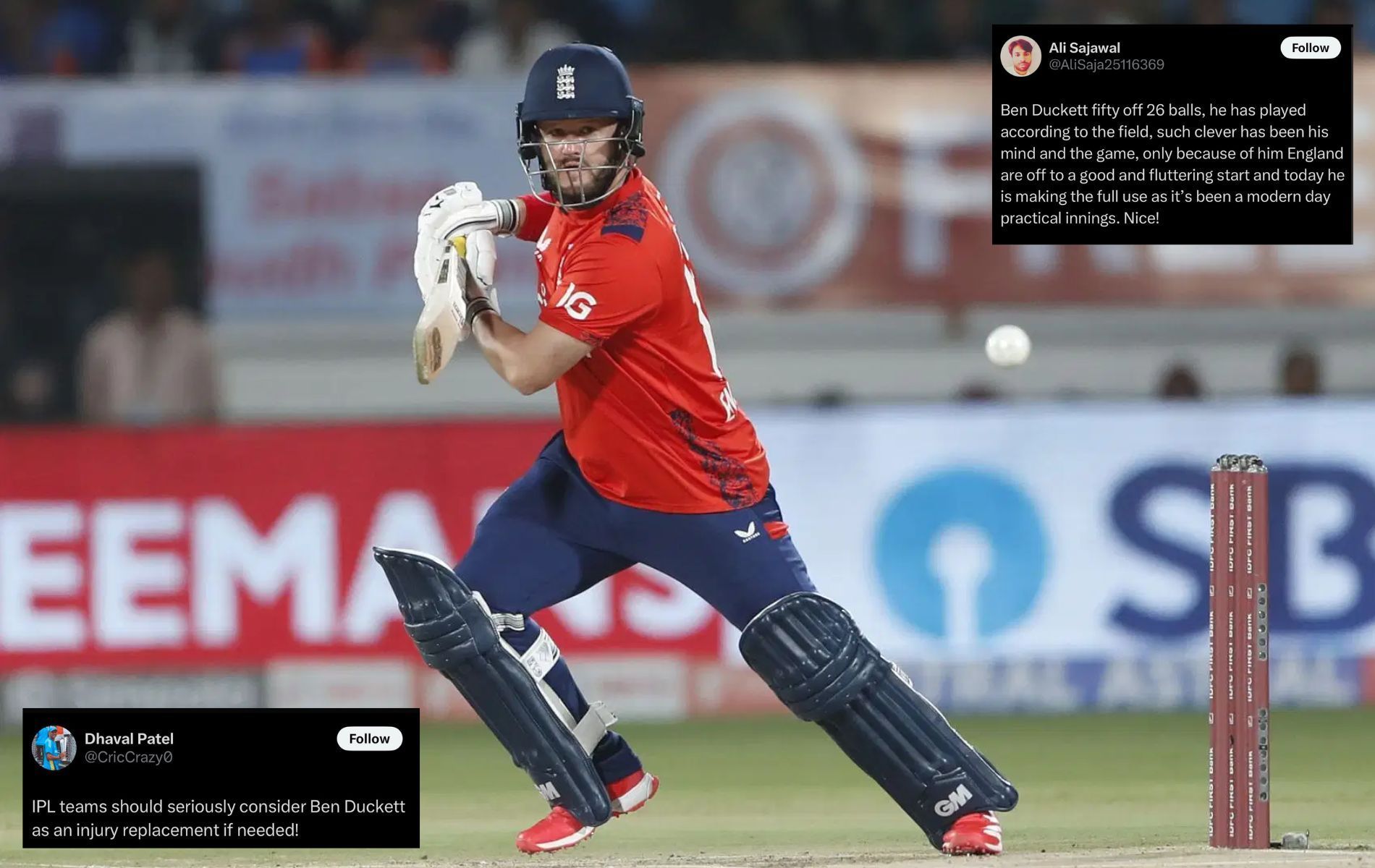 Ben Duckett scored 51 runs in IND vs ENG 2025 3rd T20I. (Pics: Getty Images/X/@AliSaja25116369/@CricCrazy0).