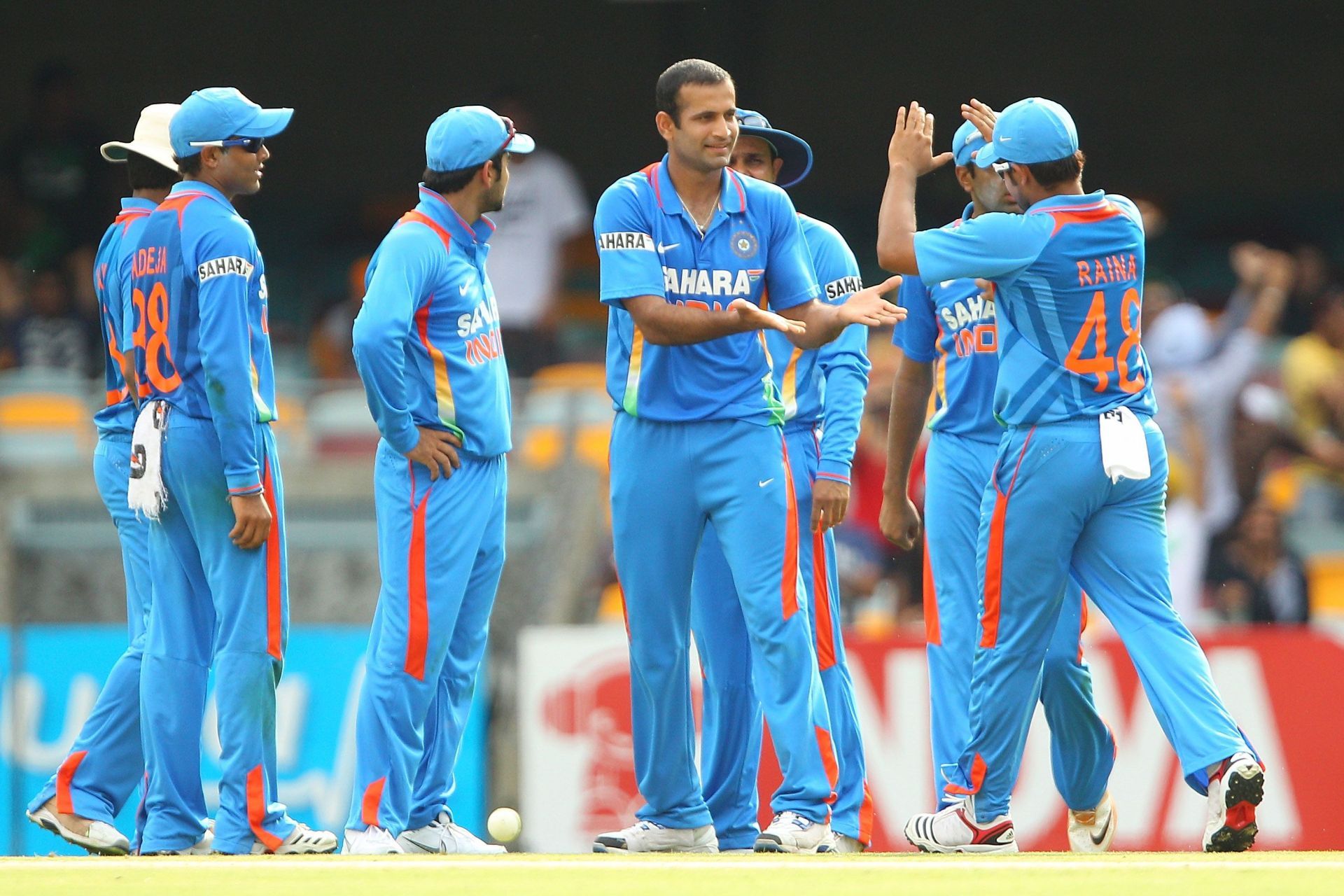 Irfan Pathan celebrates after picking a wicket. Source: Getty