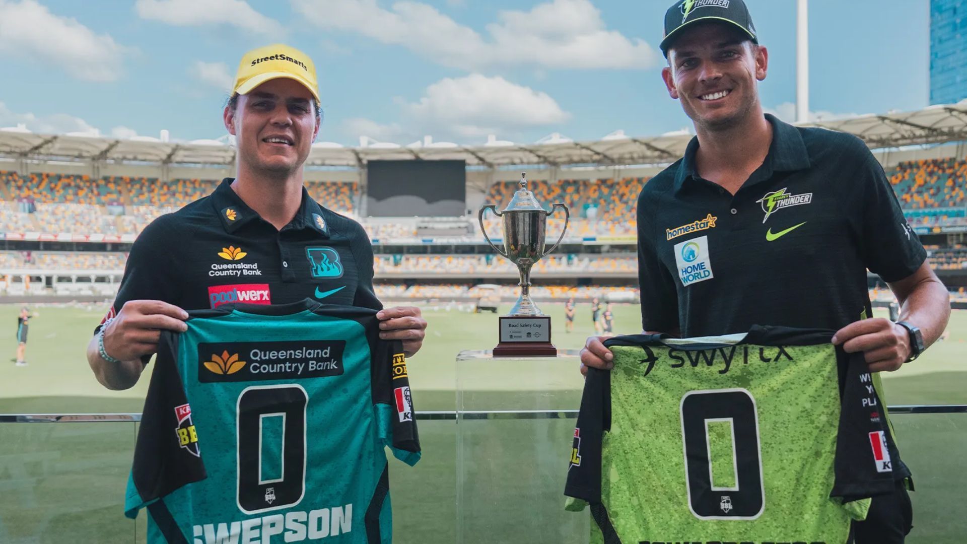 Mitchell Swepson (left) and Chris Green with their special jerseys ahead of the BBL 2024-25 clash between Sydney Thunder and Brisbane Heat (Image Credits: Brisbane Heat media)