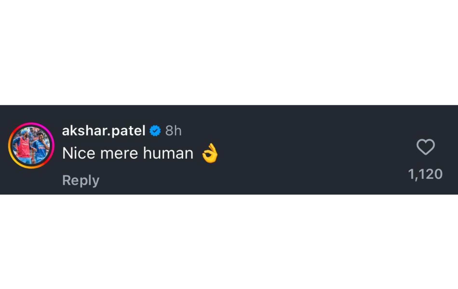 Screenshot of Axar Patel&#039;s comment on Rishabh Pant&#039;s Instagram post.