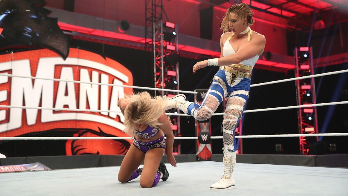 Rhea Ripley vs. Charlotte Flair at WrestleMania 36 (Image via wwe.com)