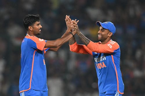 Washington Sundar (left) dismissed Ben Duckett in his only over in the second T20I against England. [P/C: Getty]