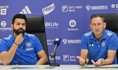 Rohit Sharma (L) with Ajit Agarkar (Credits: Getty)