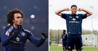 Ex-Arsenal talent Chido Obi-Martin who joined Manchester United this season reacts to Joshua Zirkzee celebrating FA Cup win over Gunners