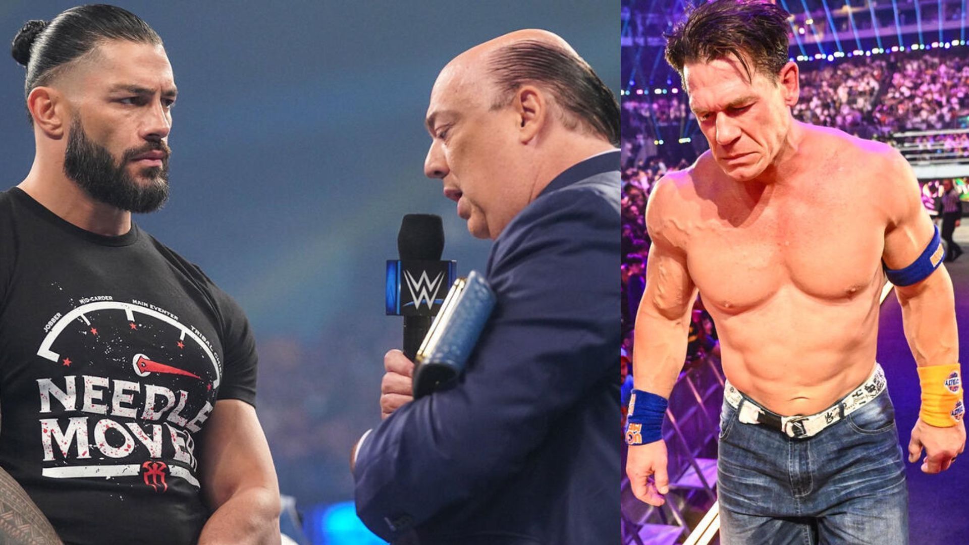 Roman Reigns, Paul Heyman, and John Cena (Images via WWE.com)