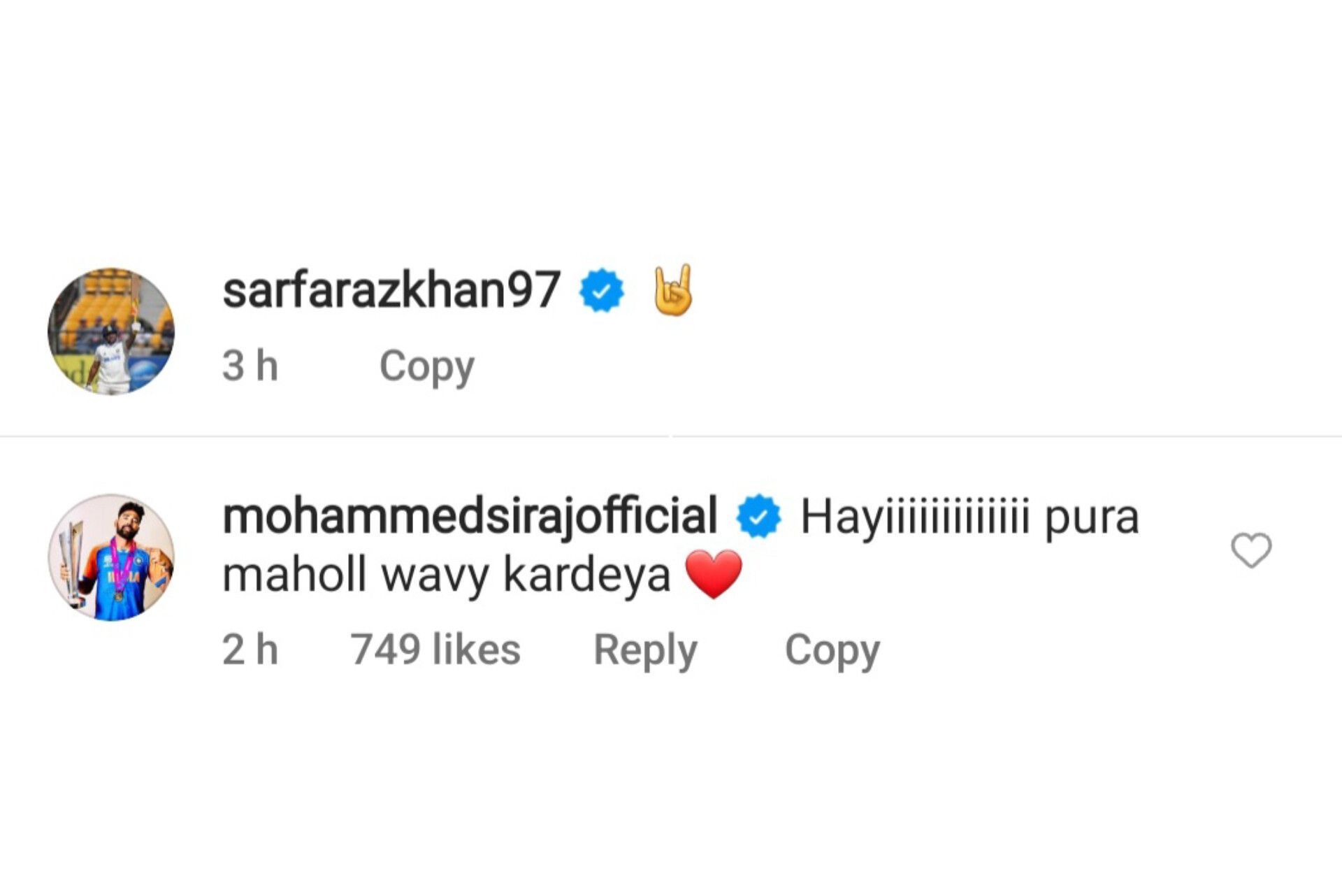 Mohammed Siraj reacts to Sarfaraz Khan&#039;s Instagram post (Image via Instagram-@sarfarazkhan97)