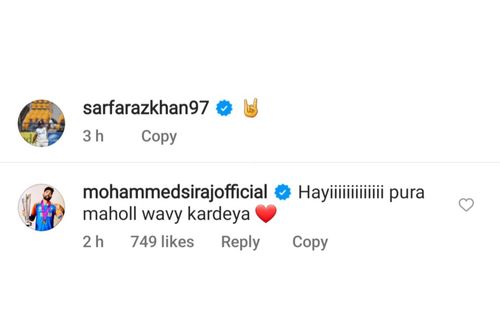 Mohammed Siraj reacts to Sarfaraz Khan's Instagram post (Image via Instagram-@sarfarazkhan97)