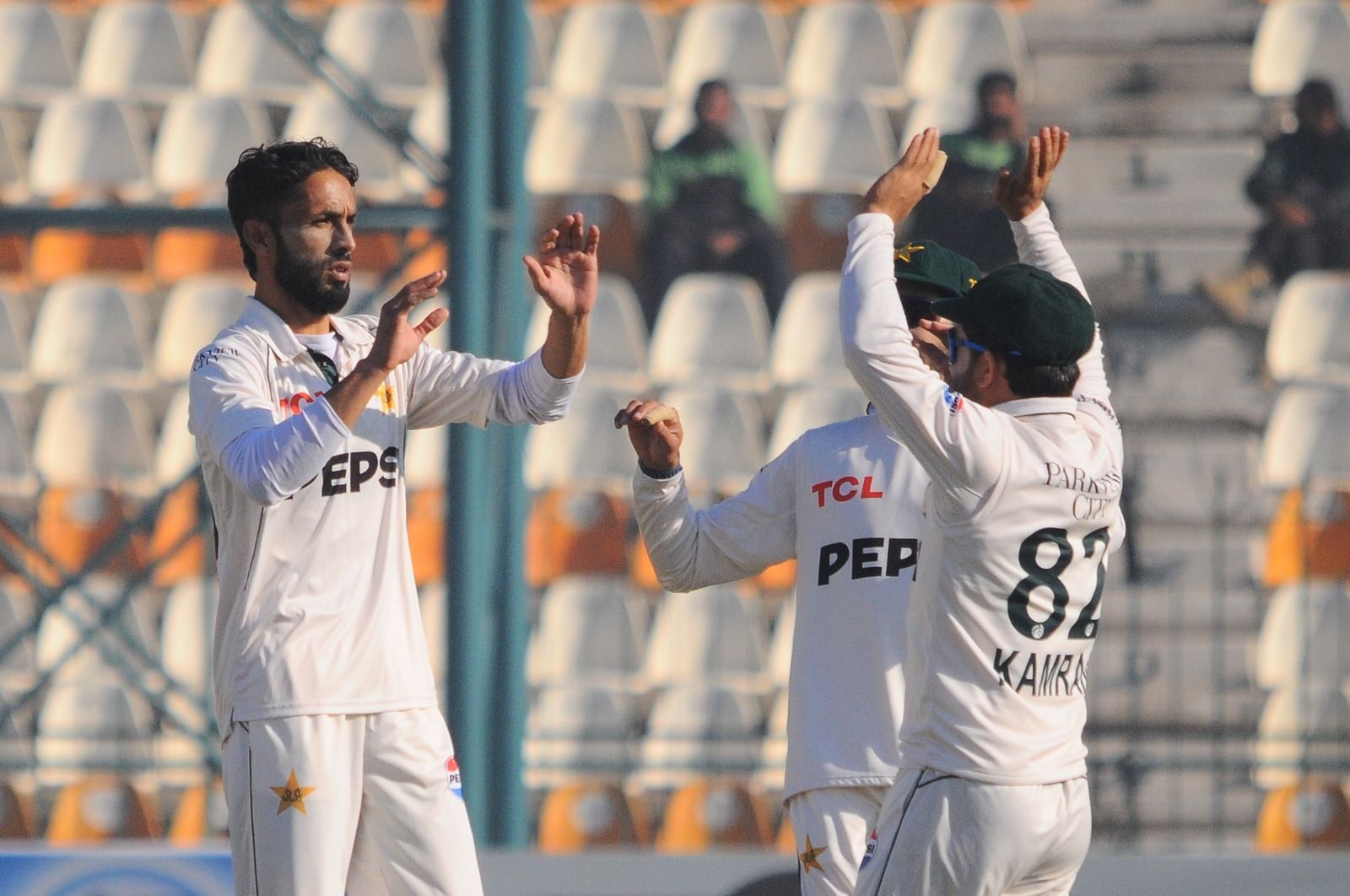 Kashif Ali celebrates his maiden Test scalp. (Credits: PCB X)