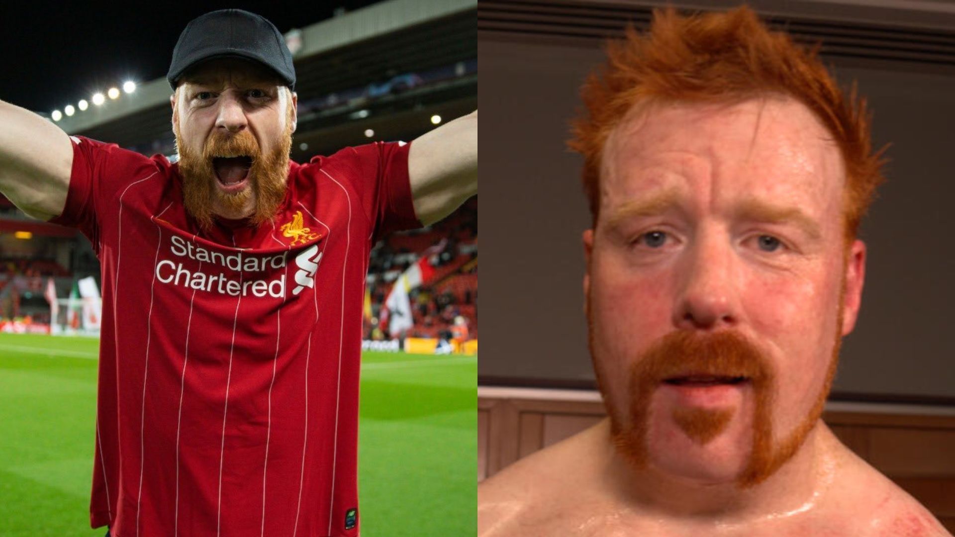 Sheamus is a Liverpool FC fan. (Images via WWE.com and @WWESheamus on X)