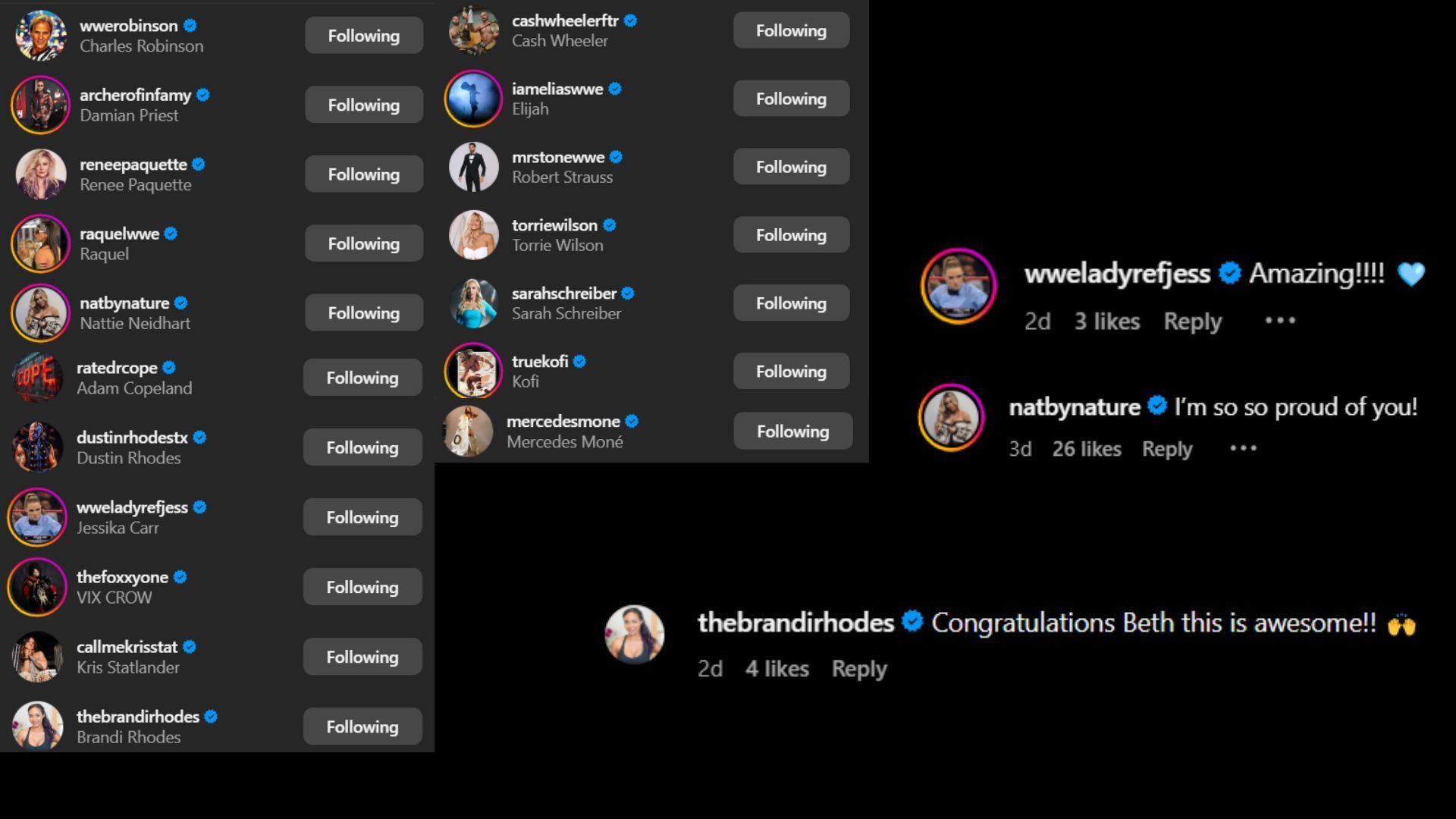 Screenshots of stars&#039; likes and comments [Image credits: Beth Phoenix&#039;s Instagram handle]