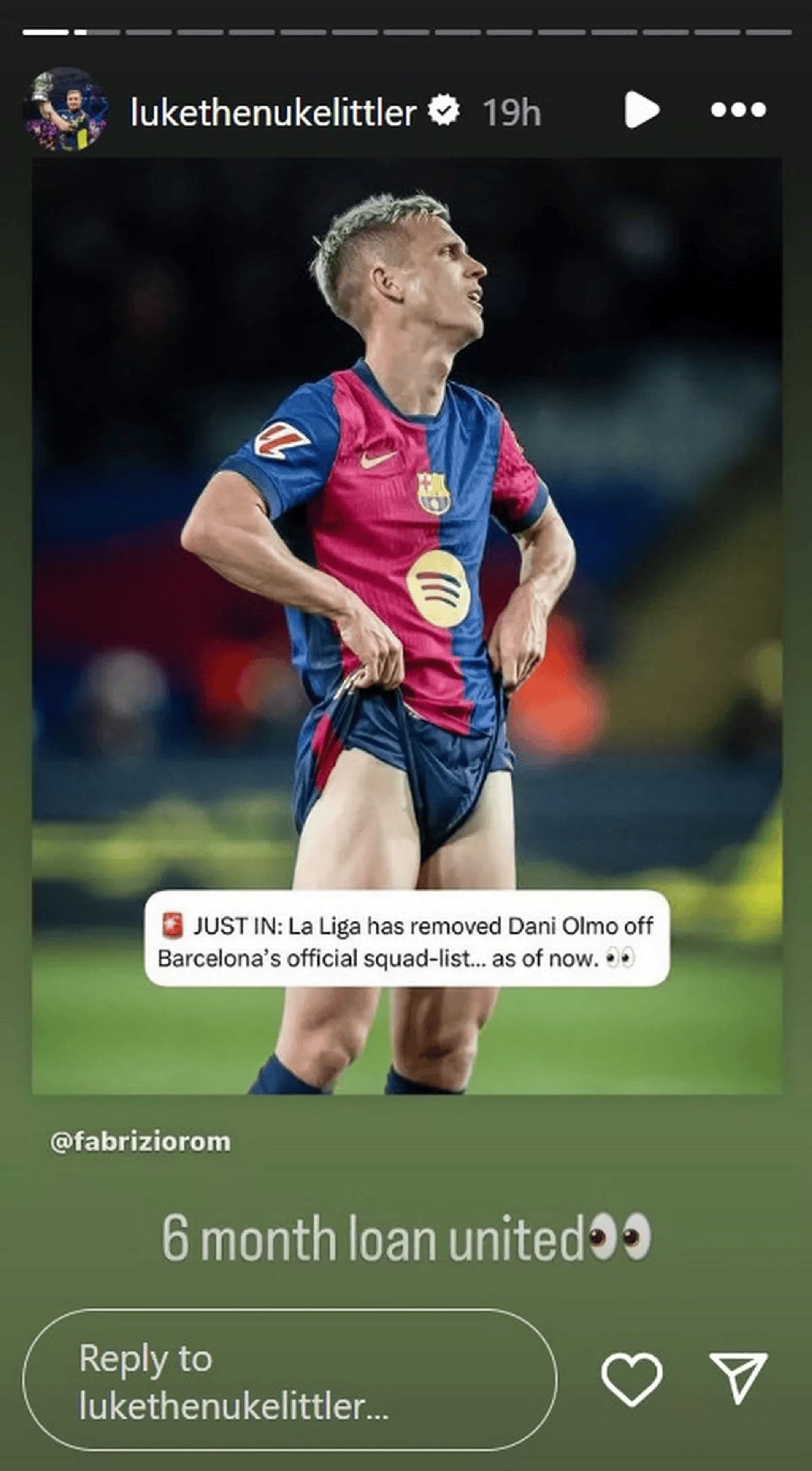 Luke Littler asks Red Devils to move for Dani Olmo (Source: Luke Littler&#039;s Instagram Stories via Manchester Evening News)