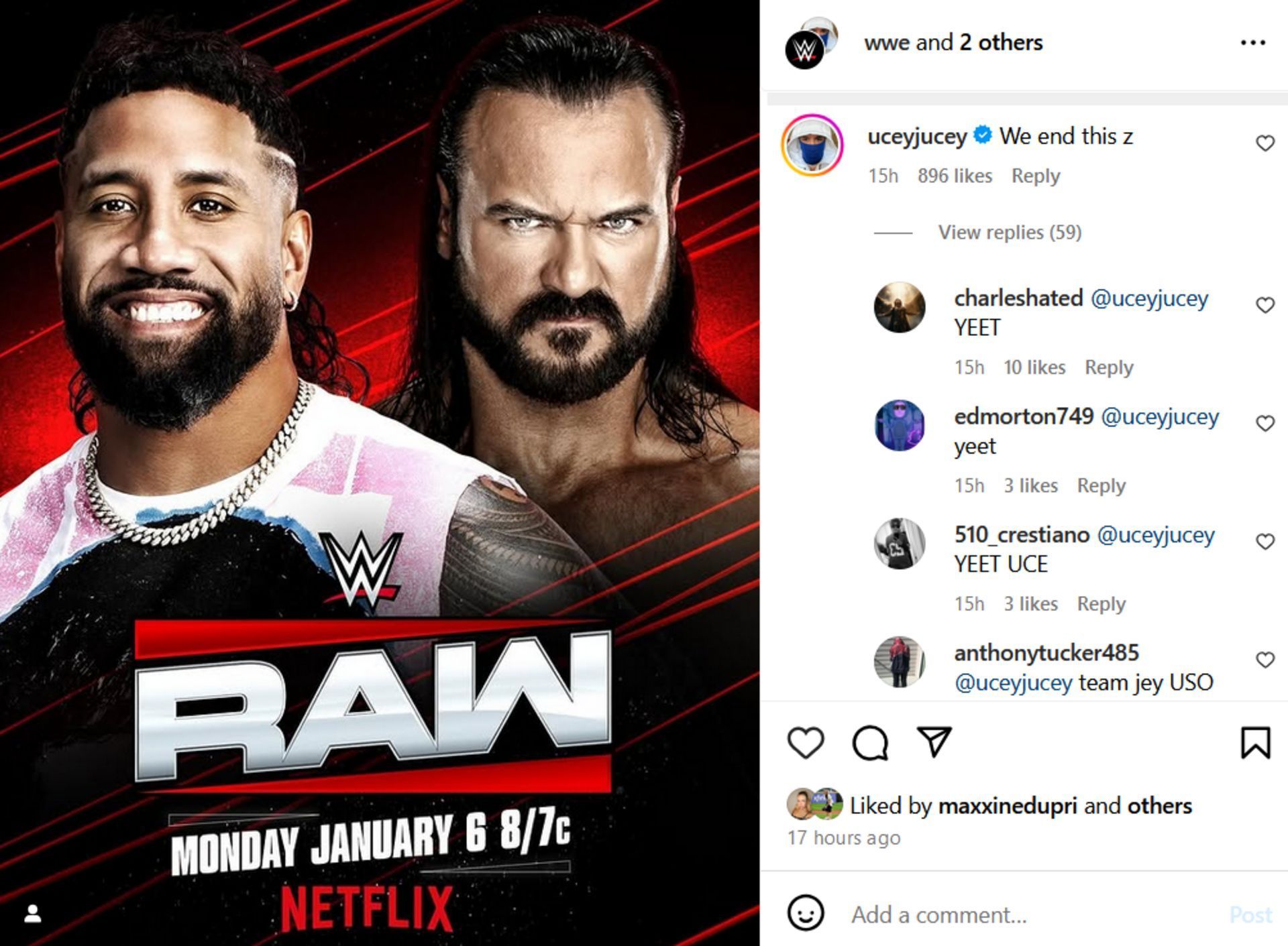 Screenshot of WWE&#039;s Instagram post on Jey Uso vs. Drew McIntyre (Photo Credit: WWE on Instagram)