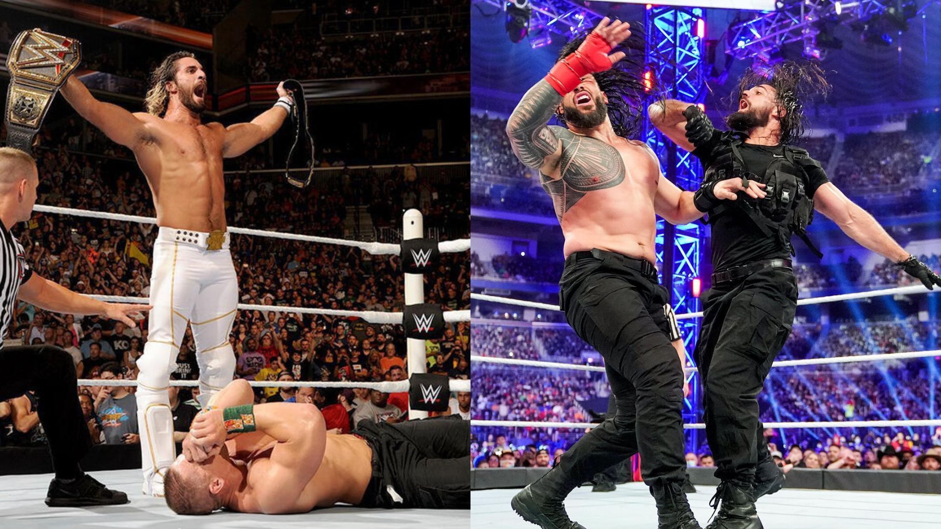 Seth Rollins in action against John Cena and Roman Reigns (Image Credits: WWE.com)