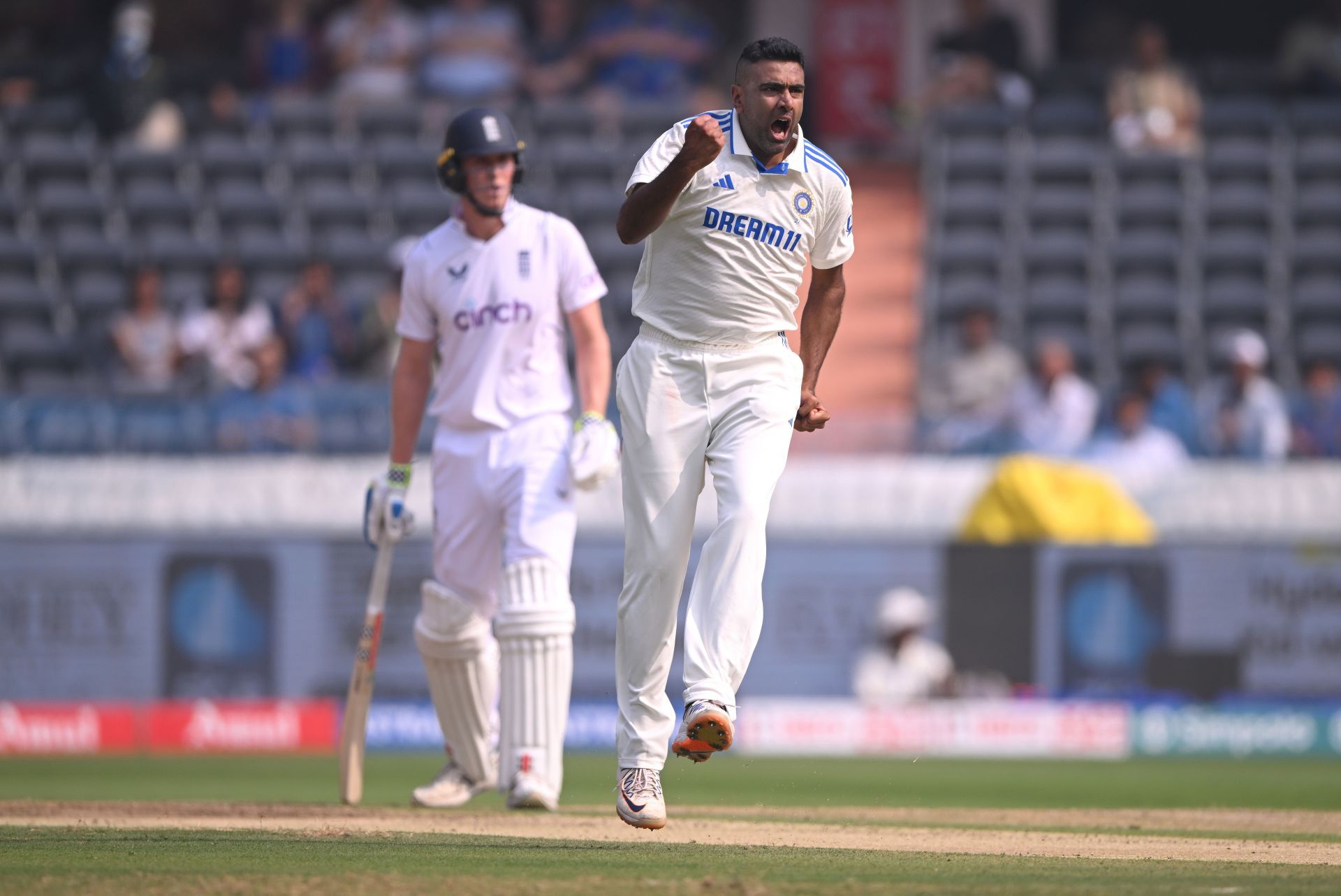 Ashwin celebrates picking a wicket against England. Source: Getty