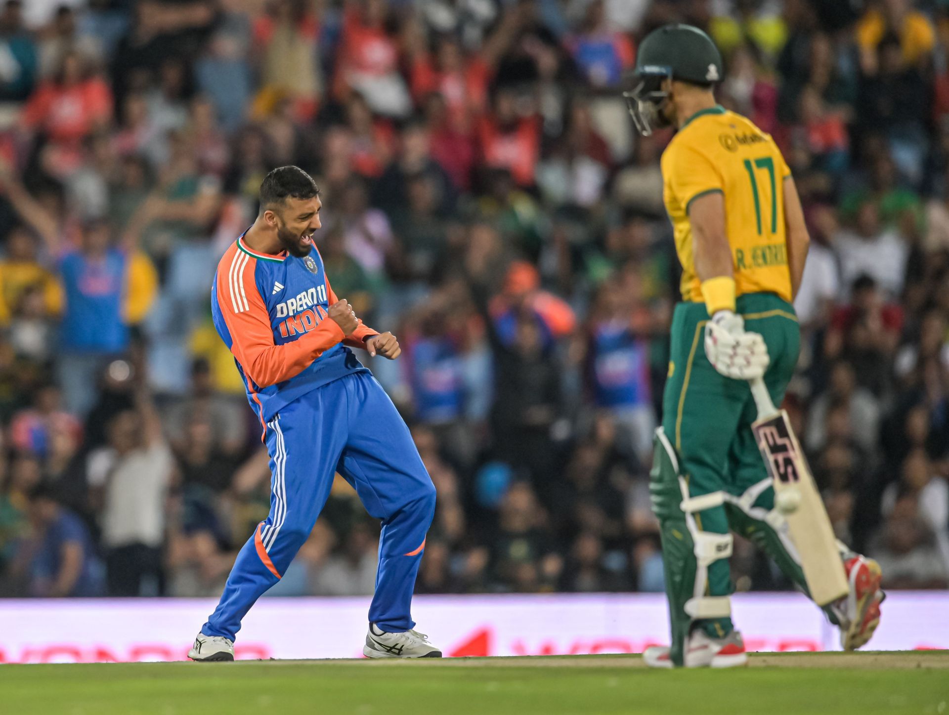 Varun Chakravarthy celebrates a wicket in the T20I series in South Africa. (Image Credits: Getty Images)