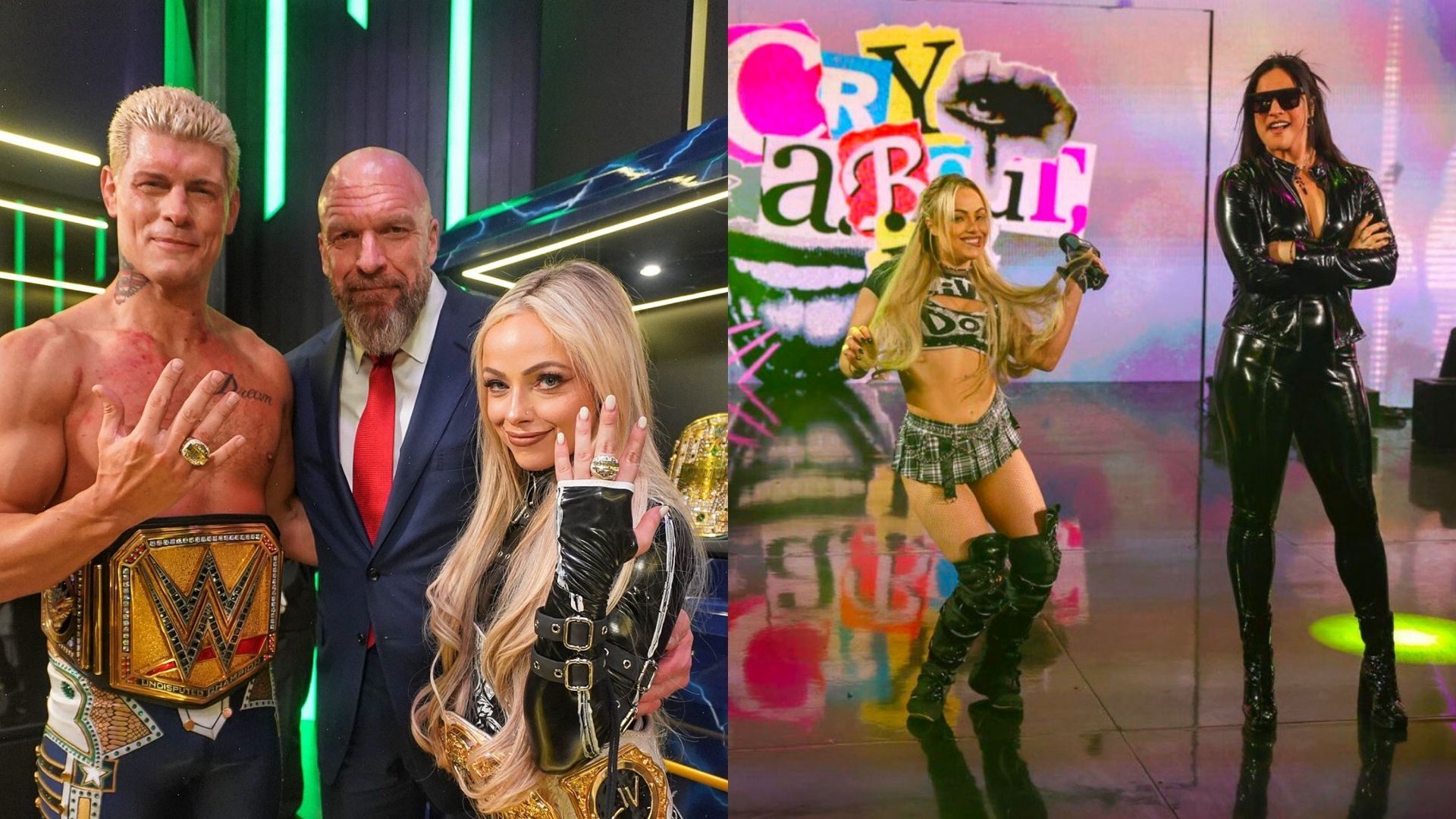 Triple H with Liv Morgan and Cody Rhodes (left) and Liv Morgan with Raquel Rodriguez (right) [Image Credits: Triple H and Liv Morgan