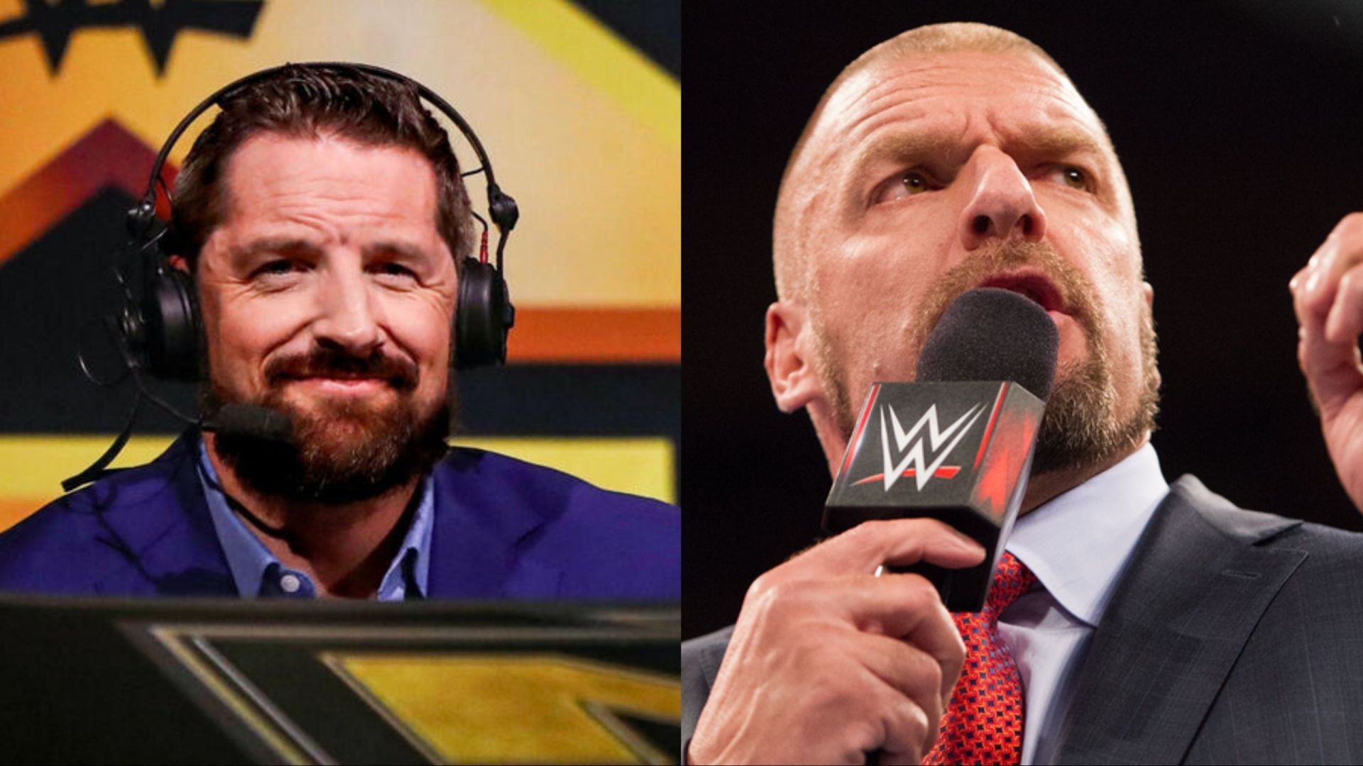 WWE commentator Wade Barrett and WWE boss Triple H (Photo credit: WWE.com)