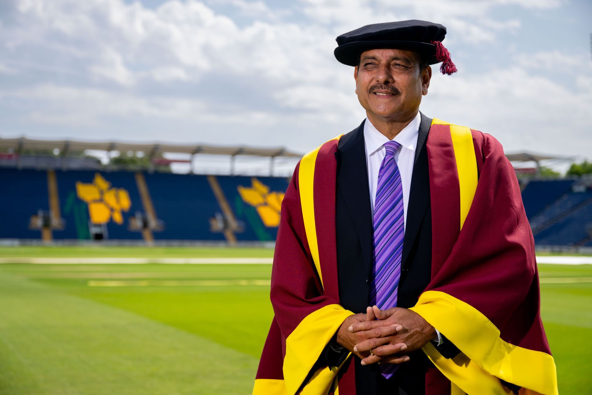 Ravi Shastri at Glamorgan County Cricket Clubs Sophia Gardens, on August 1, 2024, in Cardiff Wales. Cardiff Metropolitan University made Indian cricket legend Ravi Shastri an Honorary Fellow in recognition of his contribution to cricket as a world class player, coach and commentator during a career that spans more than 40 years. (Photo by Matthew Horwood/Getty Images)