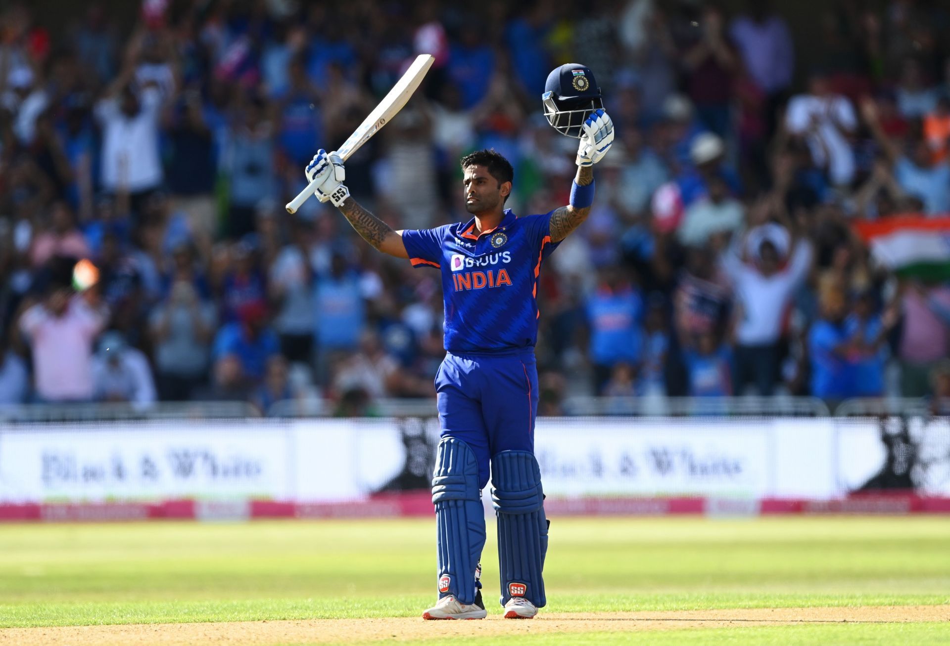 Suryakuymar Yadav raises his bat after scoring a century against England. Source: Getty