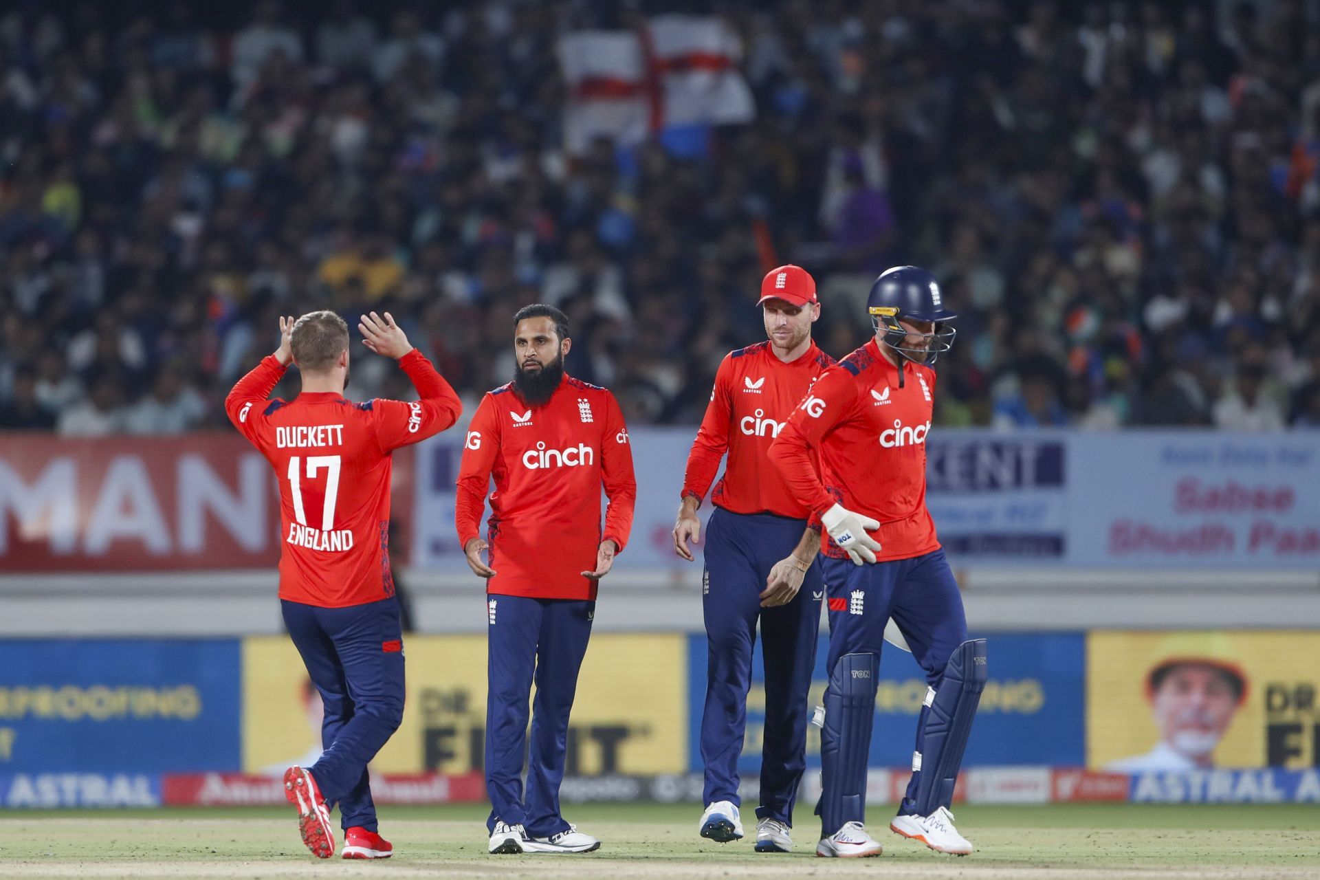 Adil Rashid celebrates Tilak Varma&#039;s wicket. (Credits: Getty)