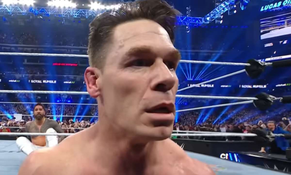 John Cena after being eliminated at Royal Rumble 2025 by Jey Uso. Photo credit: (Screenshot) WWE YouTube Channel