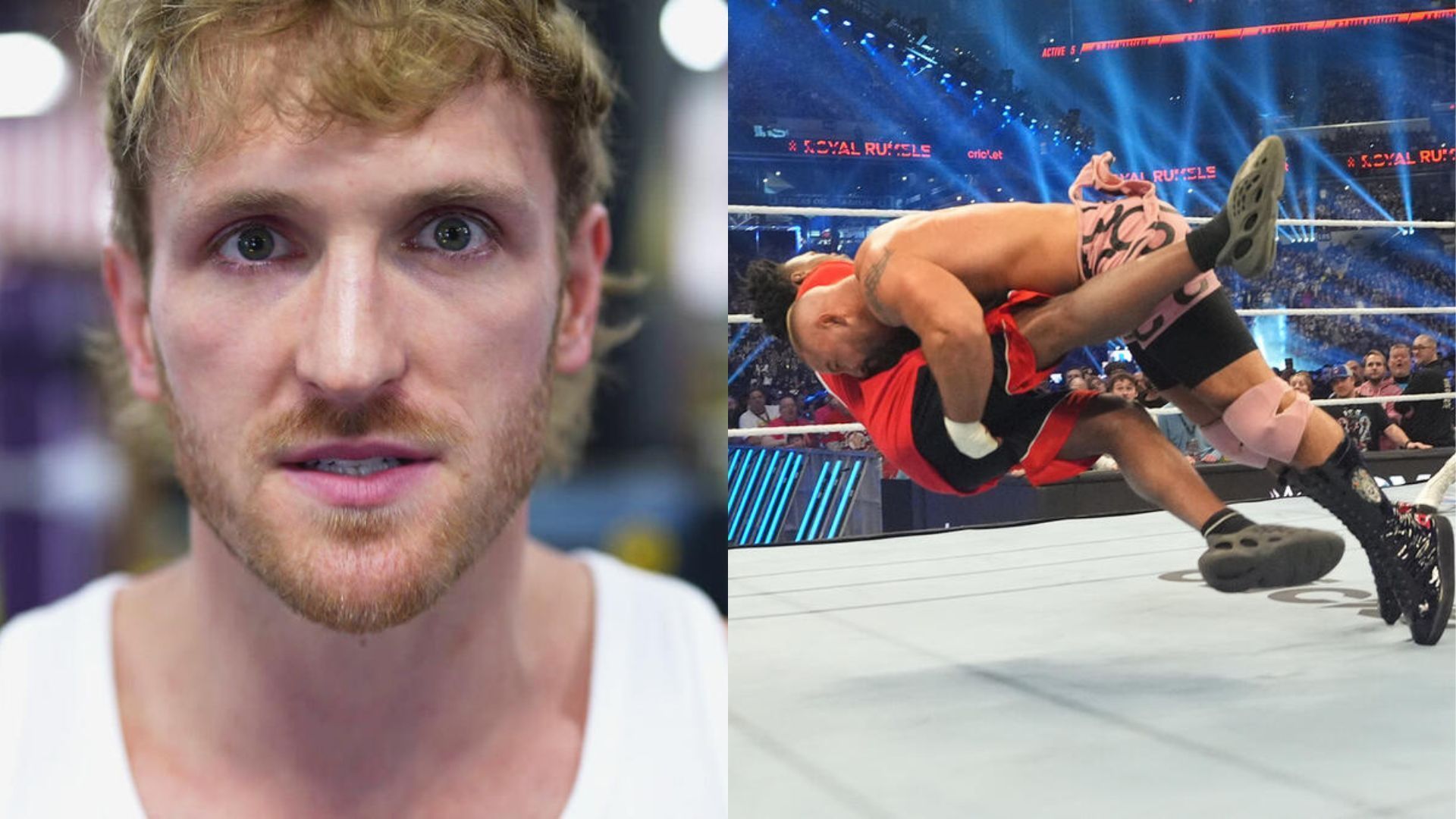 Logan Paul (left), Bron Breakker hitting a Spear to IShowSpeed (right) (Image Credits: WWE.com)