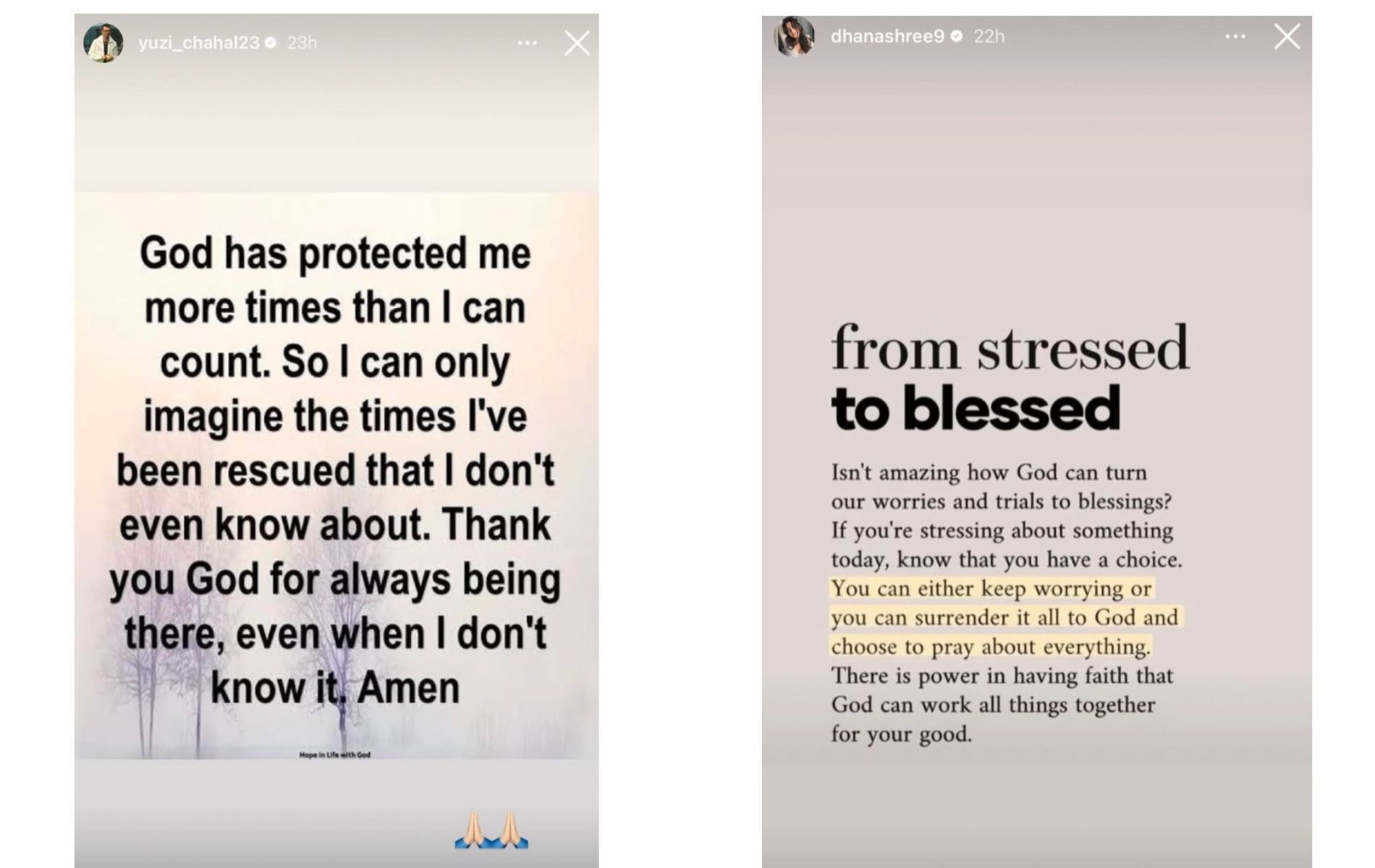 Screenshots of Yuzvendra Chahal and Dhanashree Verma&#039;s Instagram stories.